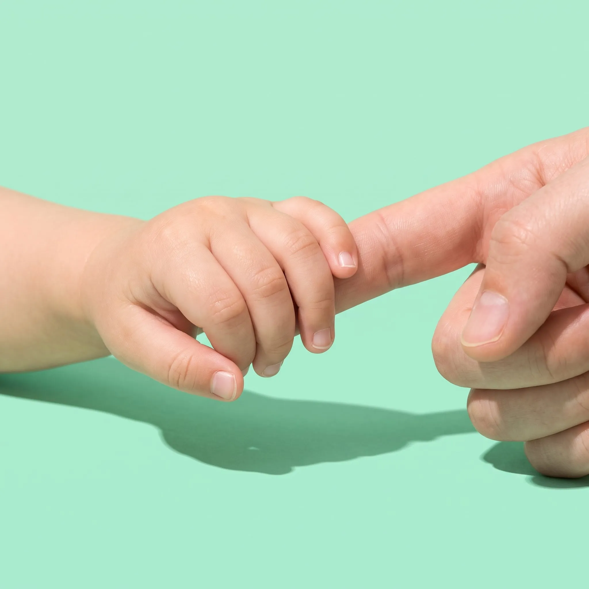 A toddler's hand holding a grown-up's finger against a mint background