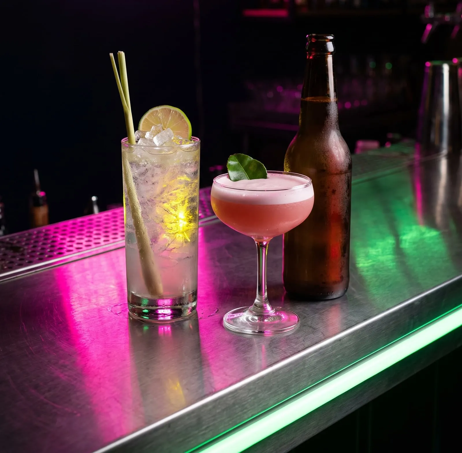 A lemongrass highball, a pink sour and a cold beer on a steel bar under pink and green neon