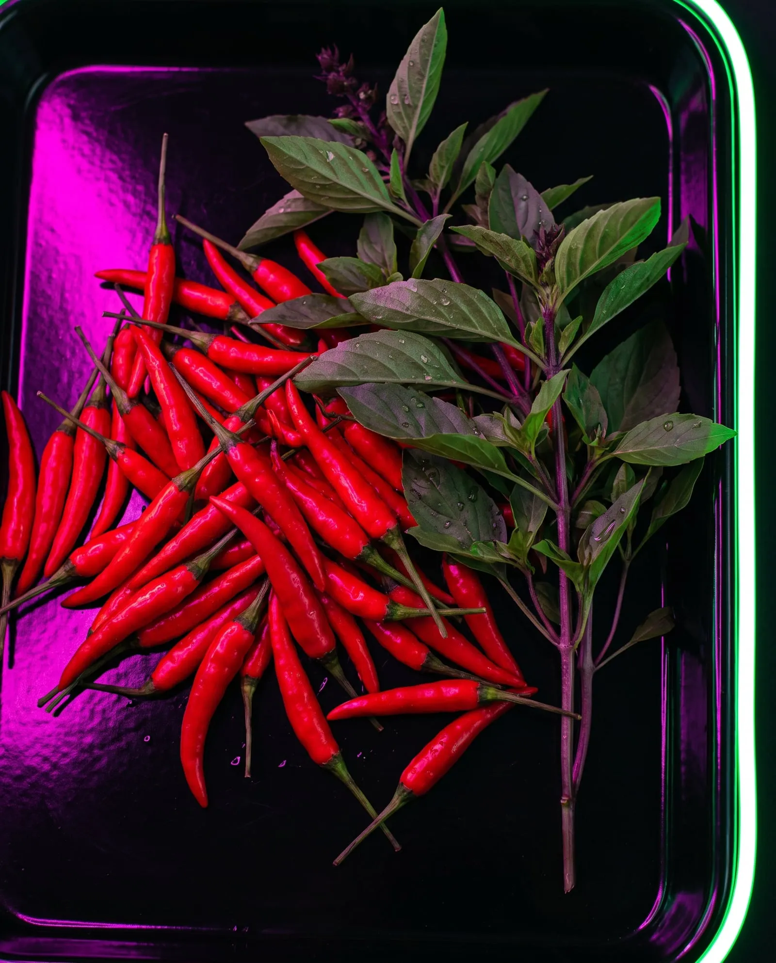 Red bird’s eye chillies and holy basil heaped on black enamel under pink and green neon