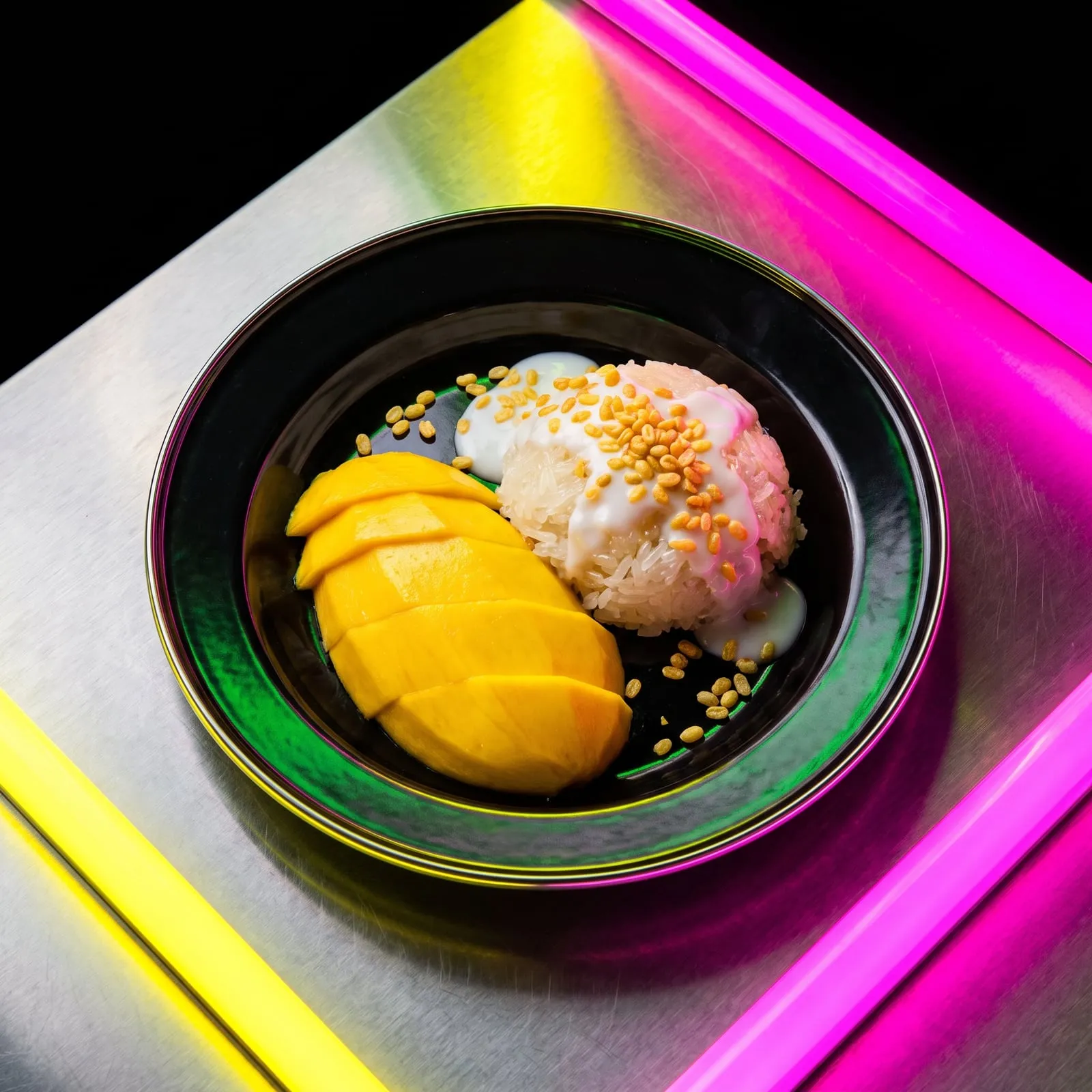 Mango sticky rice with coconut cream on a black plate under yellow and pink neon