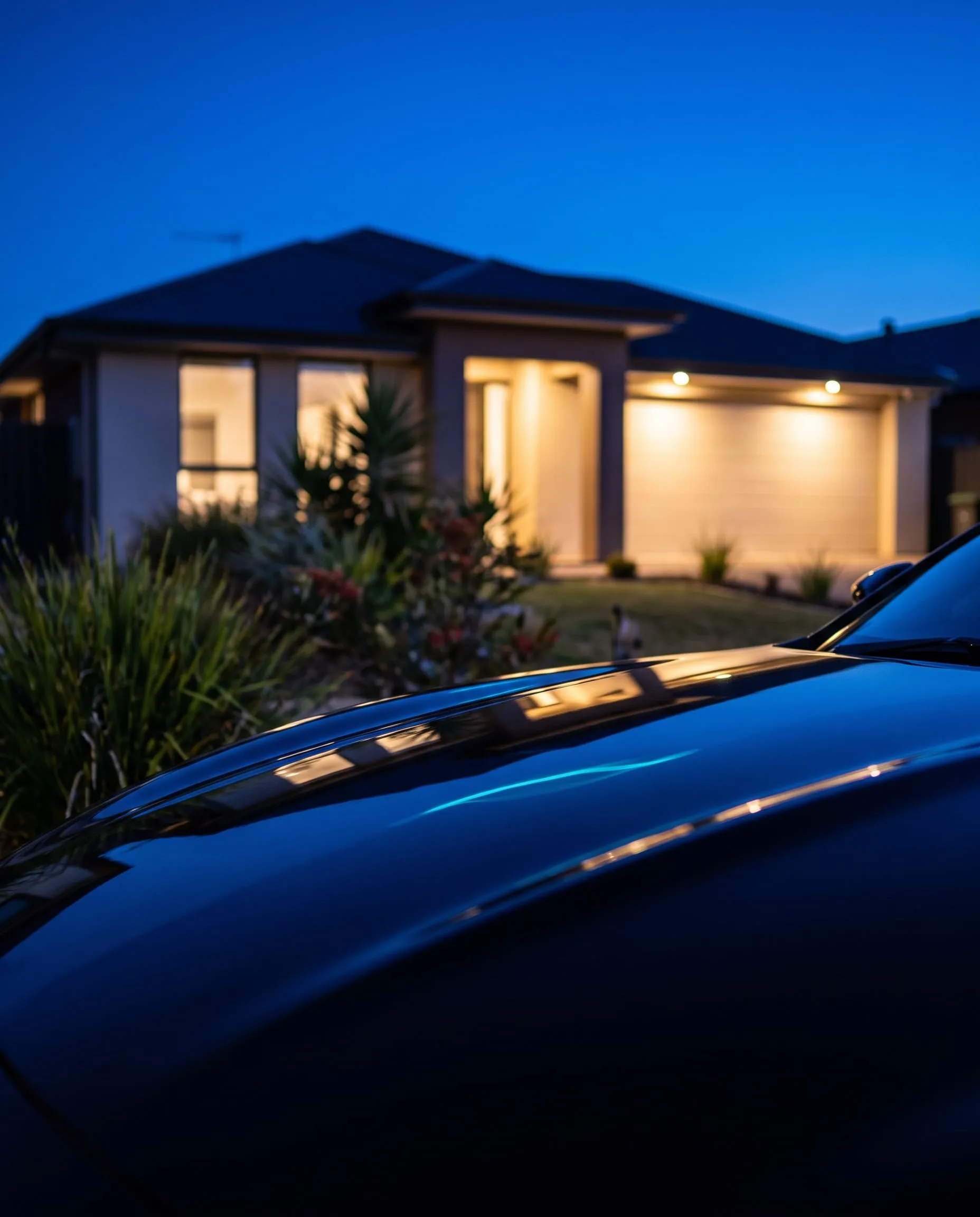 A freshly detailed black bonnet on a suburban Adelaide driveway at dusk, the house and porch light behind