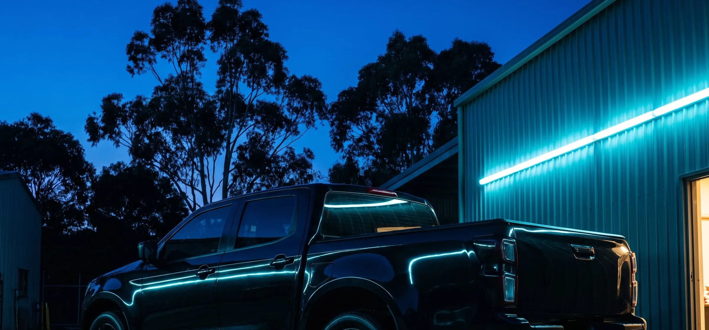Flank of a black work ute at a depot before dawn, a cyan light line reflected along its doors