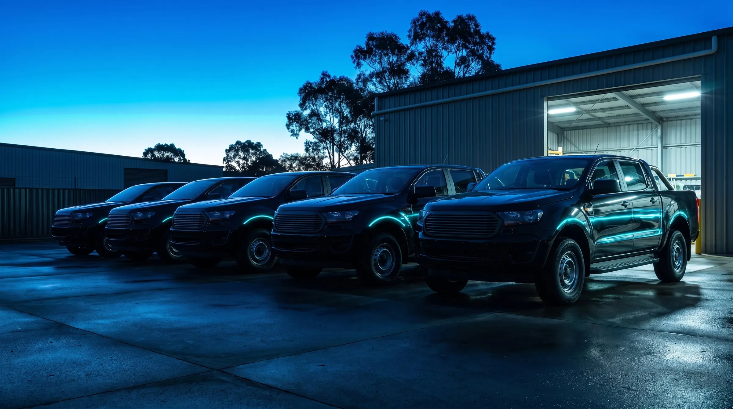 A row of black utes parked at an Adelaide depot at dawn