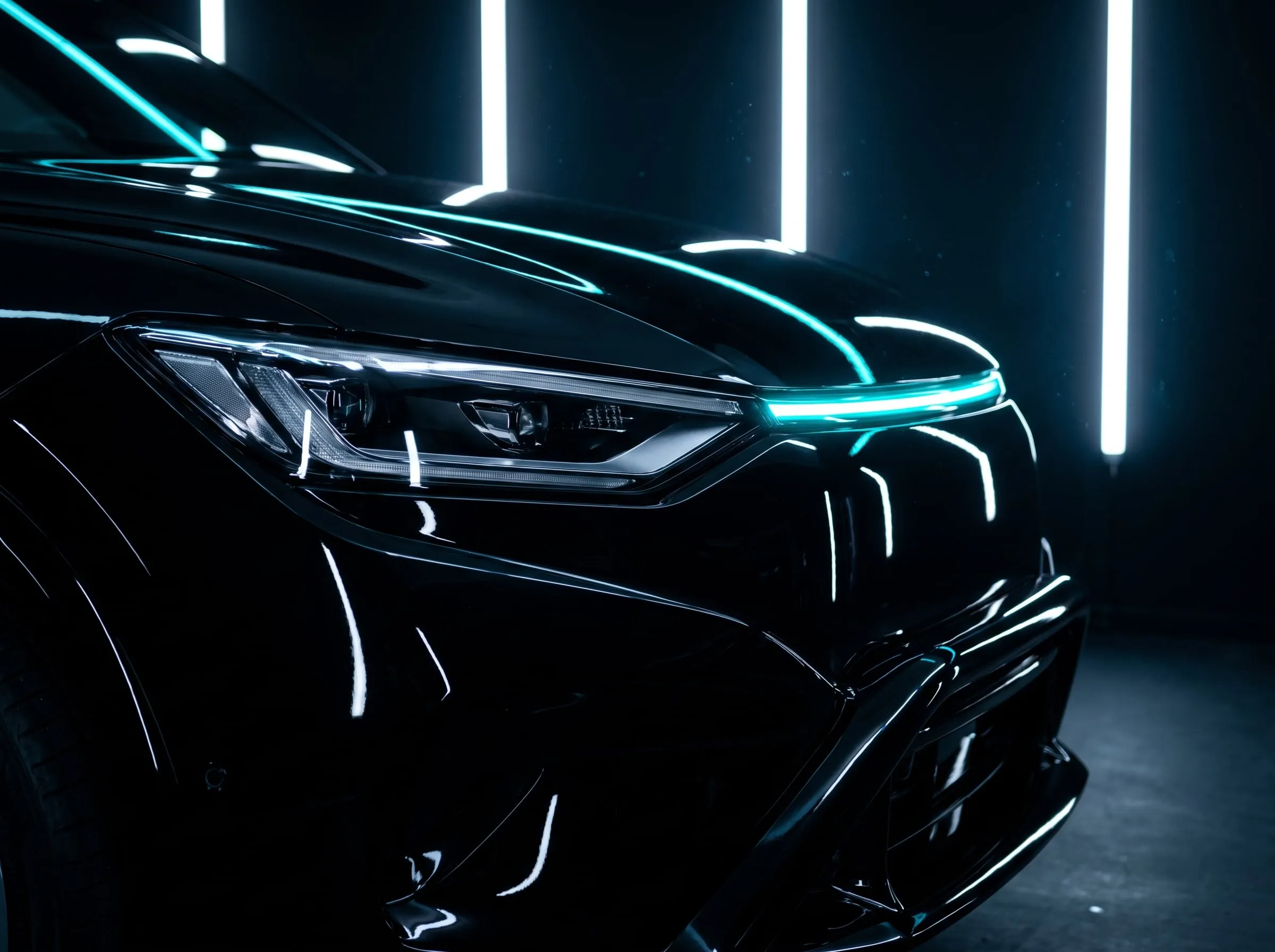 Headlight and gloss black guard of a new car under studio light