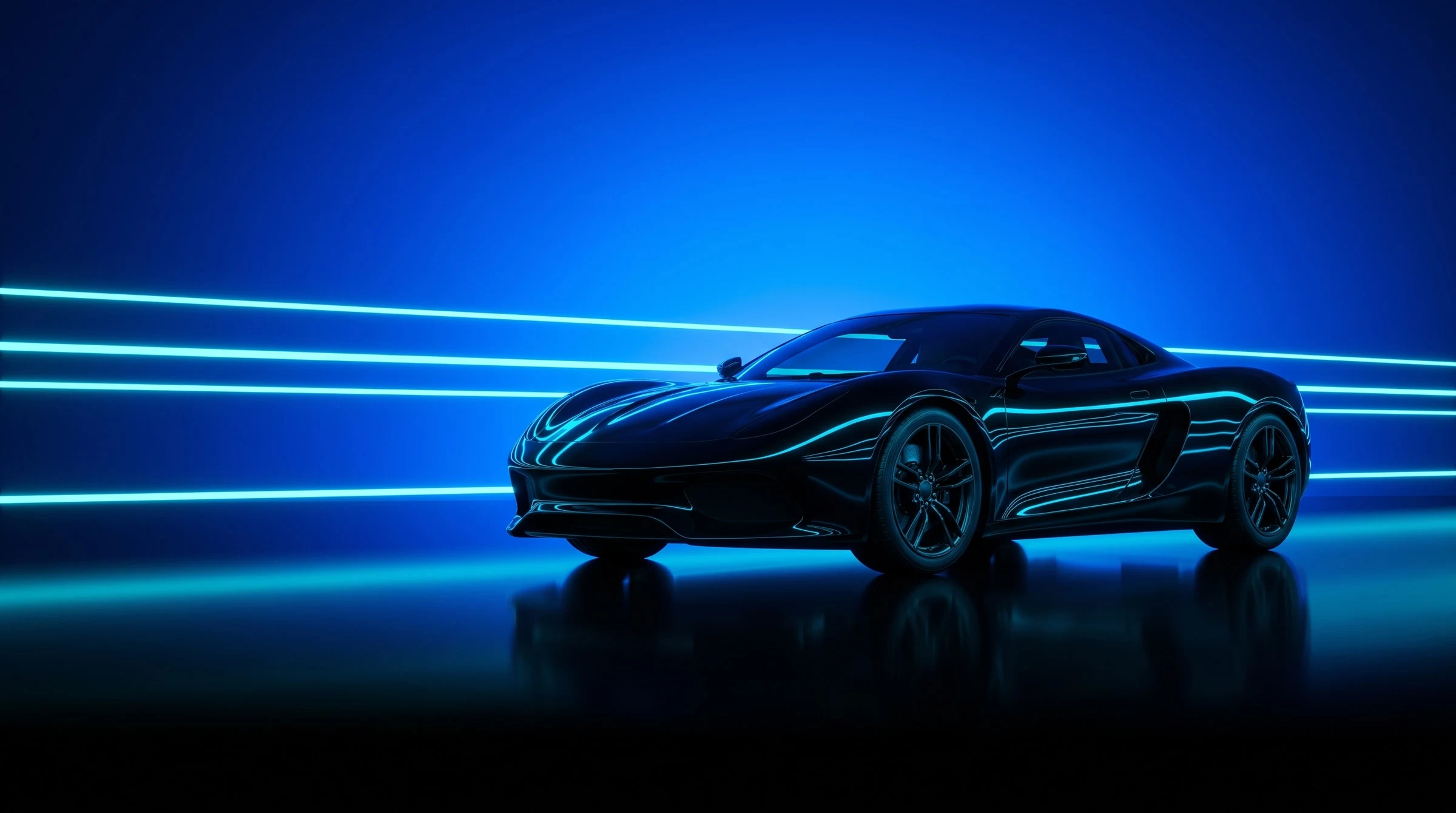 A gloss black sports car in a dark studio, an electric blue backdrop and cyan light streaks reflected along its paint