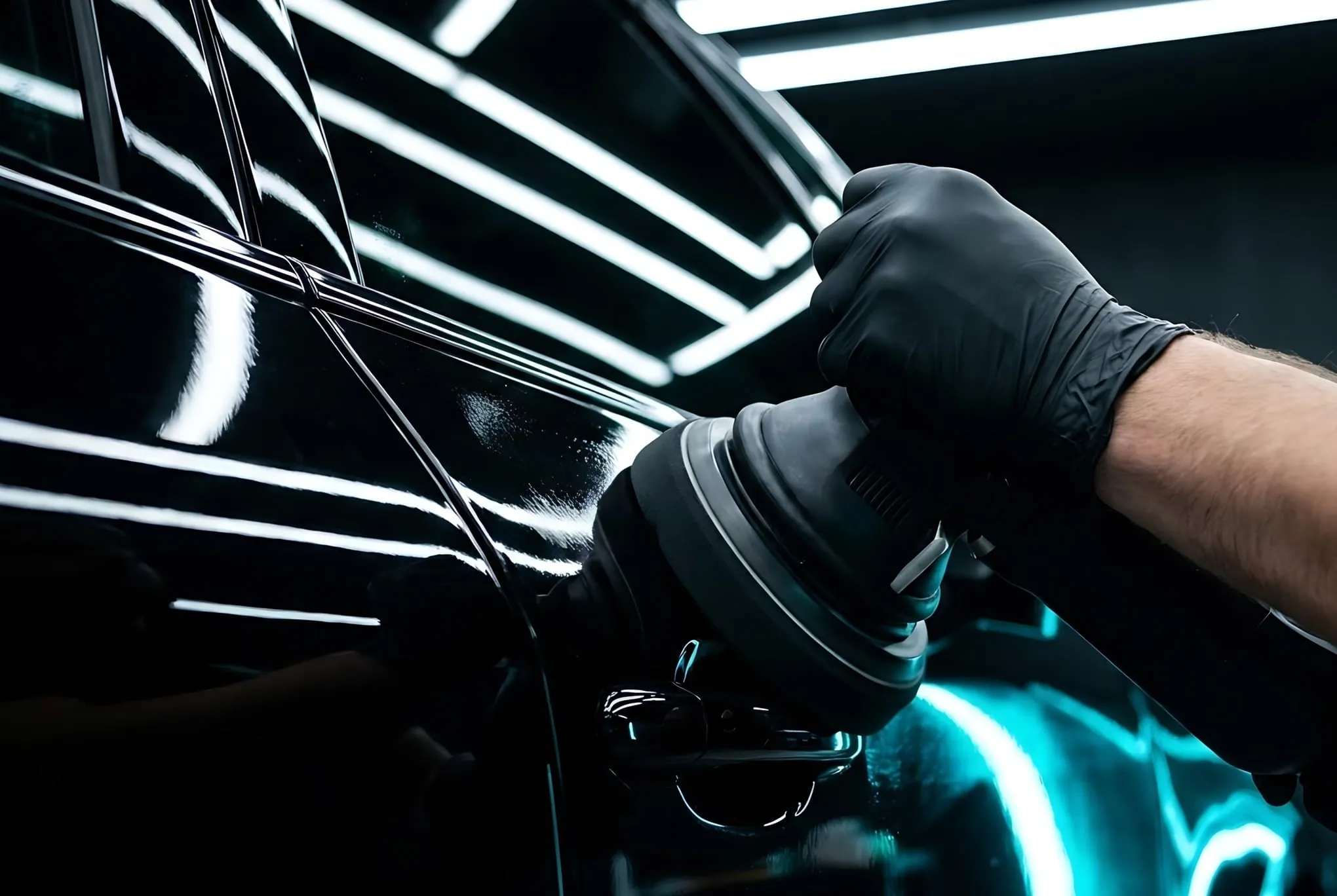 A gloved hand machine polishing a gloss black car door under LED light bars