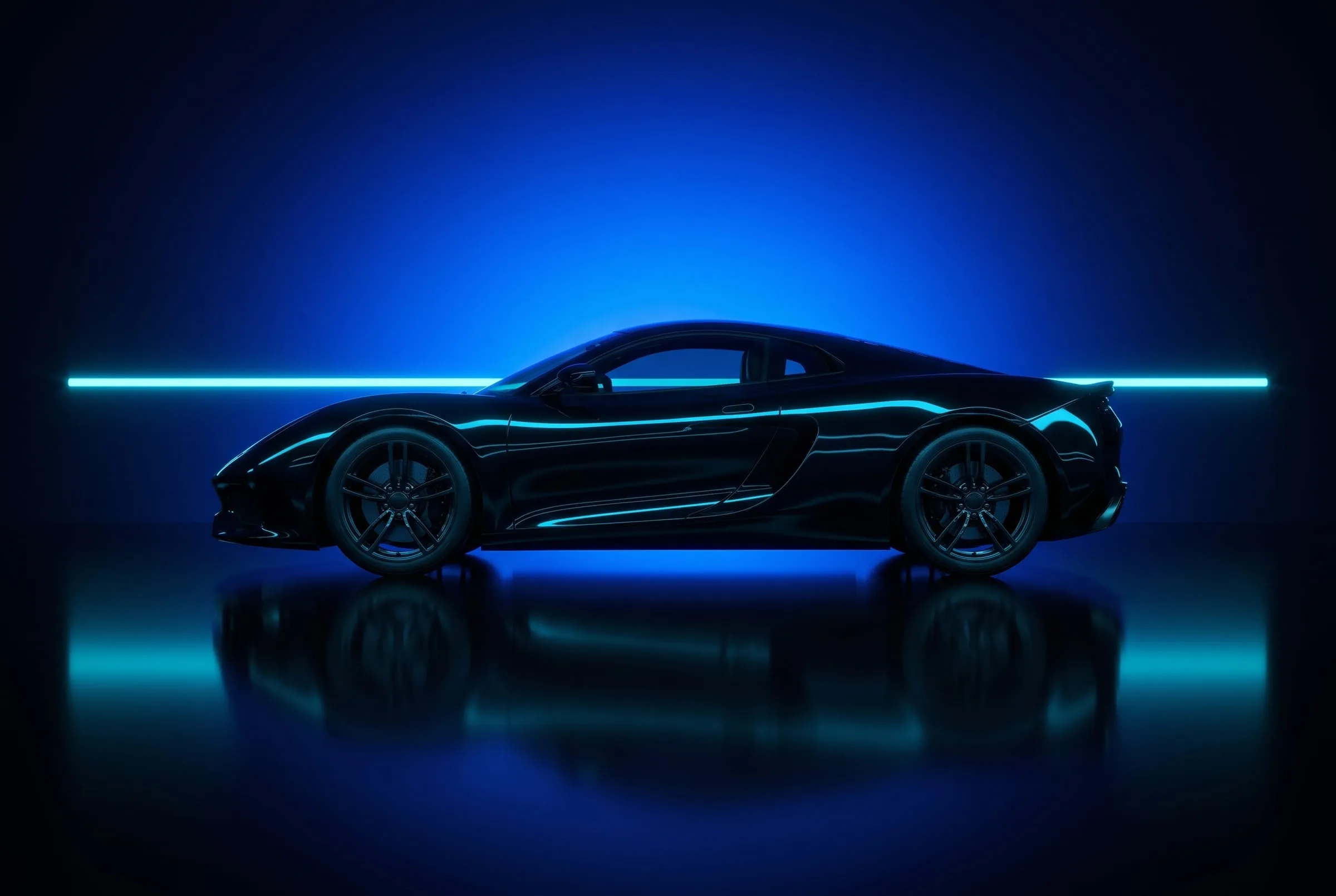 Side profile of a gloss black sedan, a cyan light line reflected along its flank