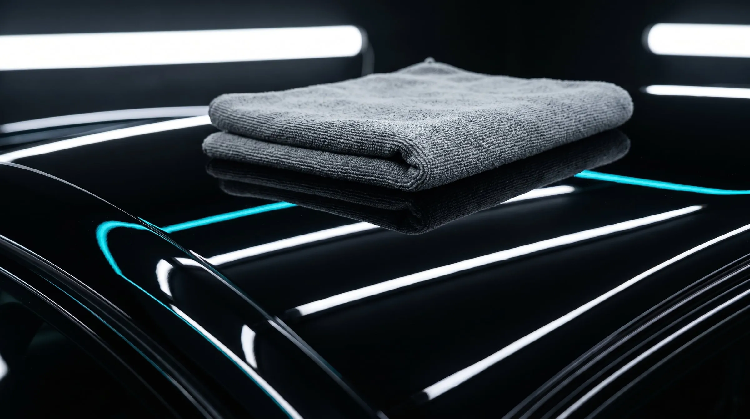 A folded grey microfibre towel on the roof of a gloss black car