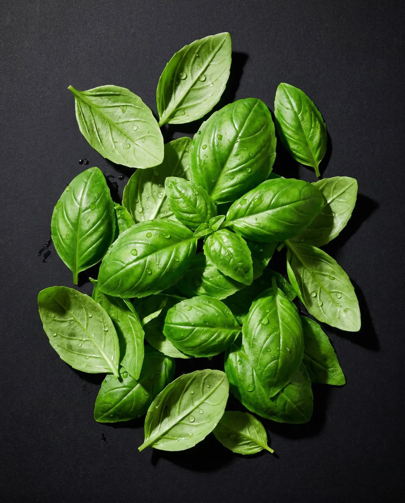 A pile of fresh basil leaves with water droplets on a black background