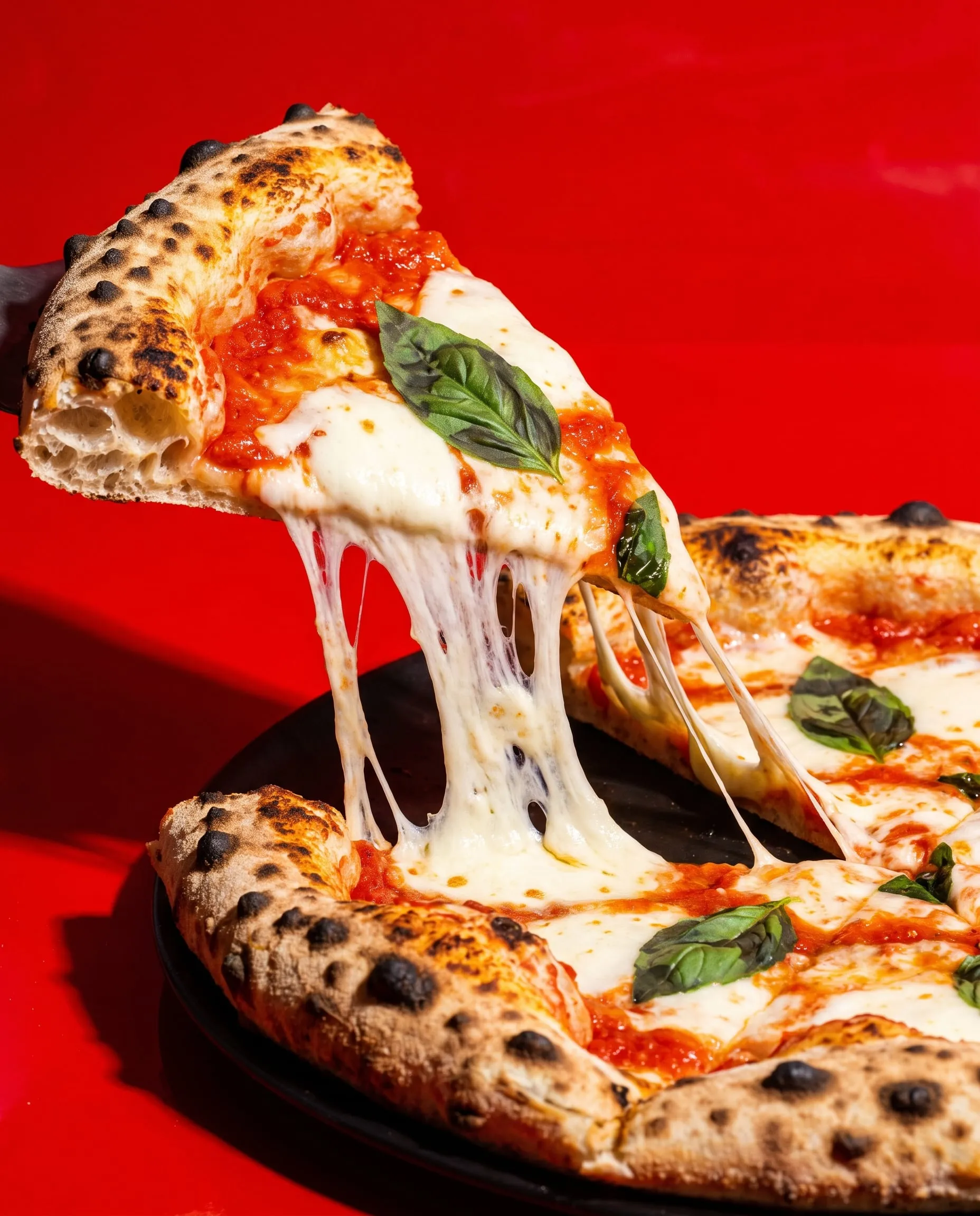 A slice of wood-fired pizza lifted with long strands of melted mozzarella on a red background
