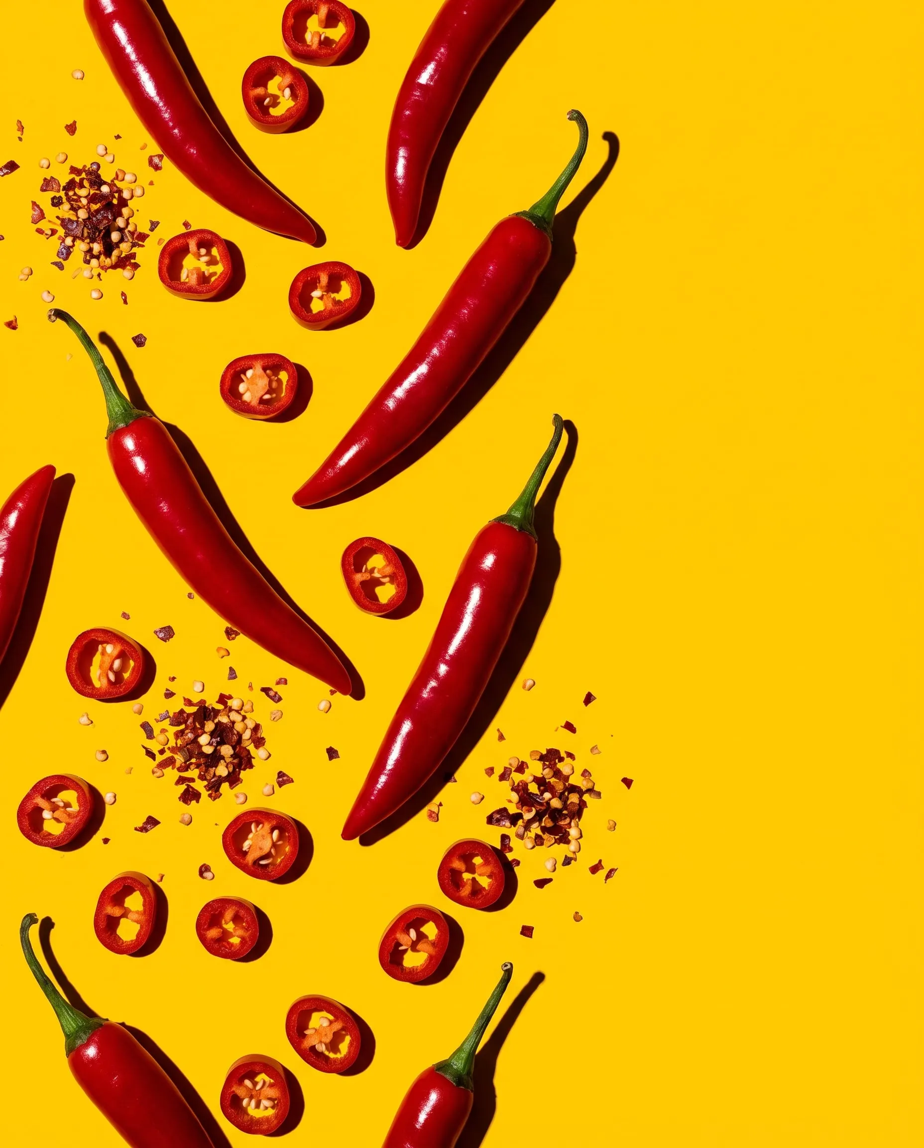 Fresh red chillies, chilli rings and chilli flakes scattered on a yellow background