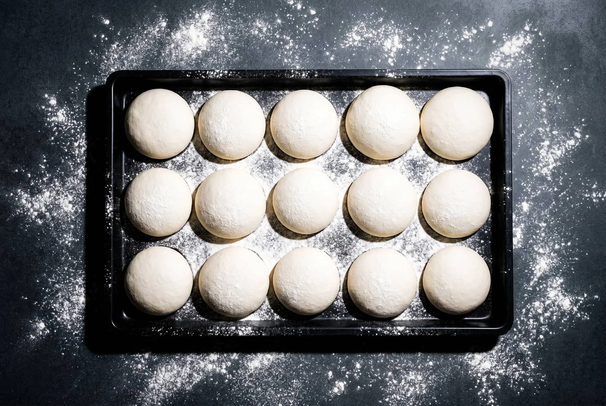 Rows of round pizza dough balls proofing in a black tray dusted with flour