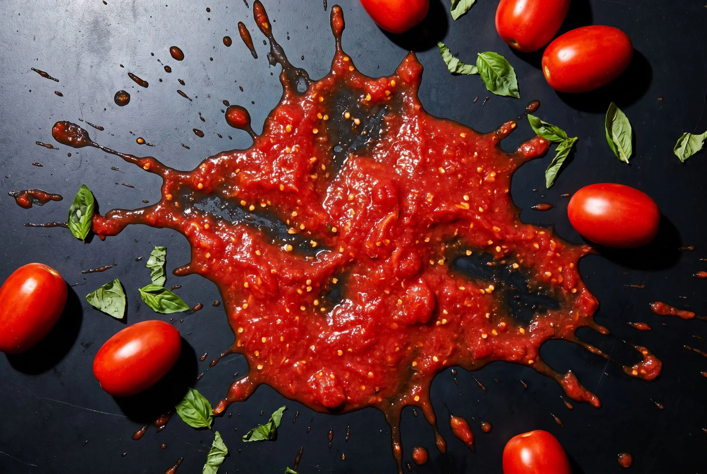 A splash of crushed tomato sauce with whole tomatoes and basil leaves on black steel