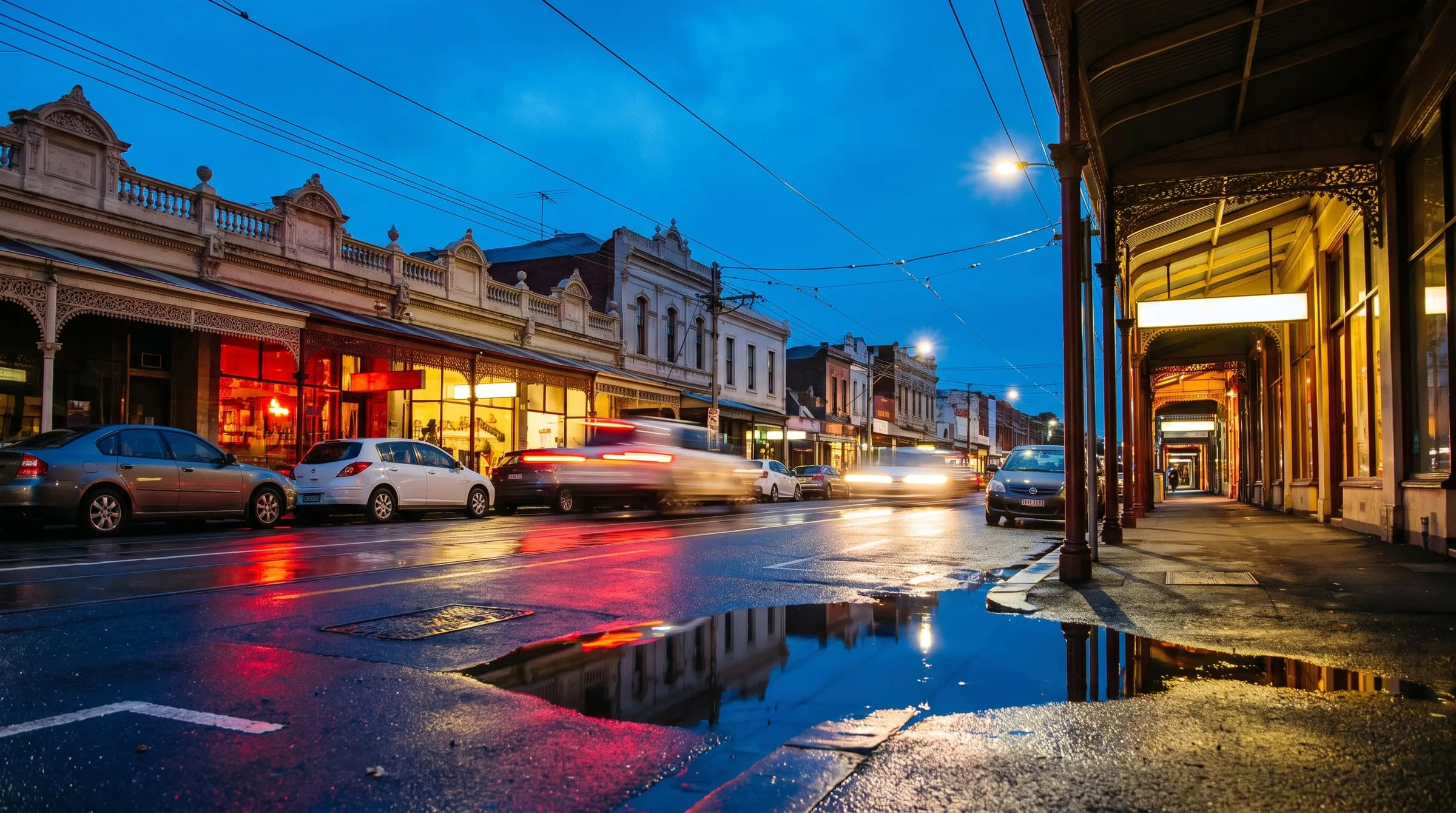 A Melbourne shopping street of Victorian shopfronts glowing red and yellow after rain at dusk