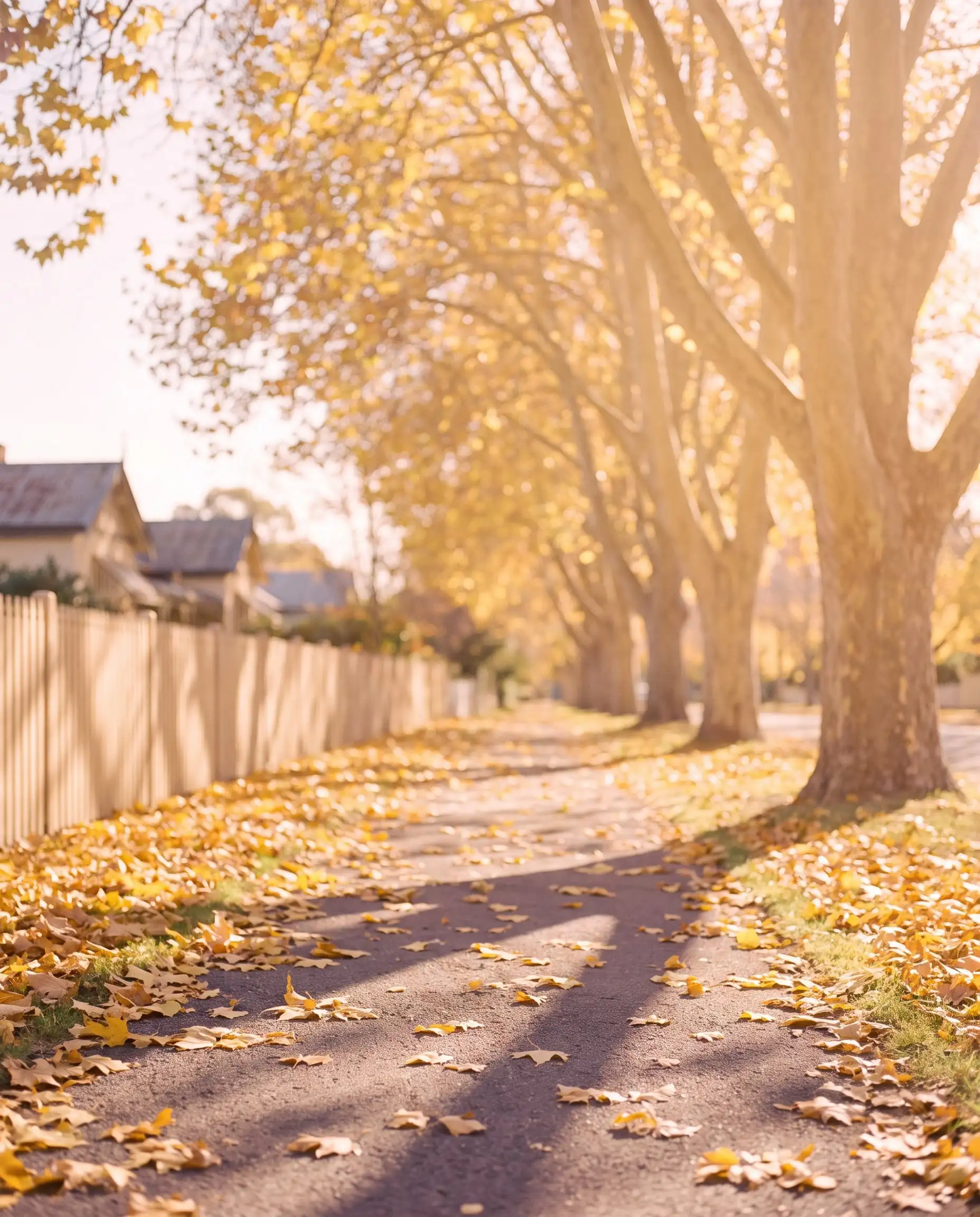 Golden autumn leaves on a quiet, tree-lined footpath in low sun.