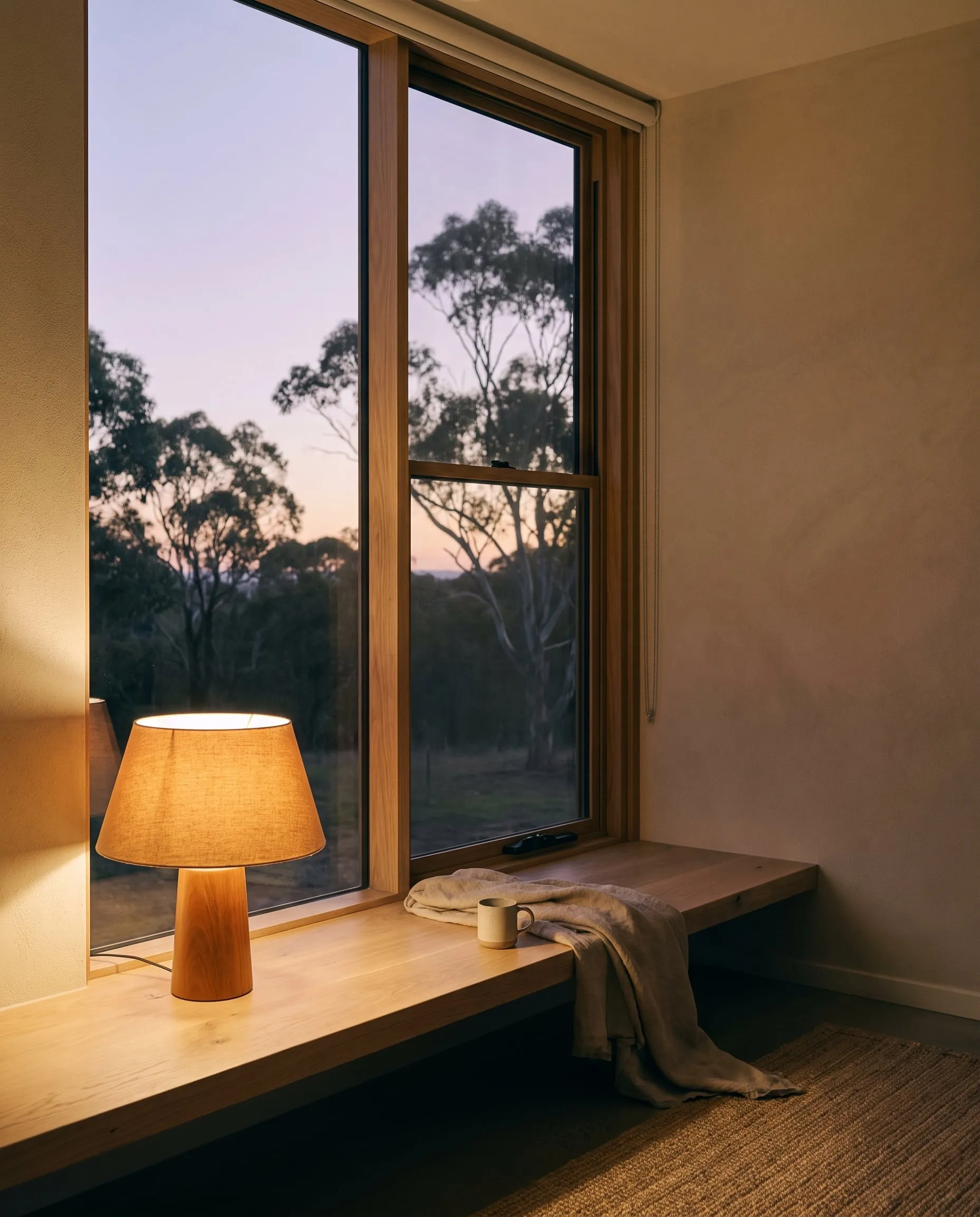 A lamp glowing on a timber window seat at dusk, with gum trees outside.