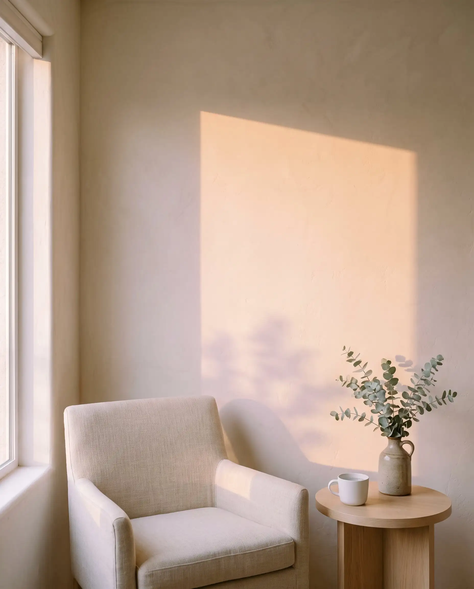 A linen armchair beside a small oak table in soft morning light.