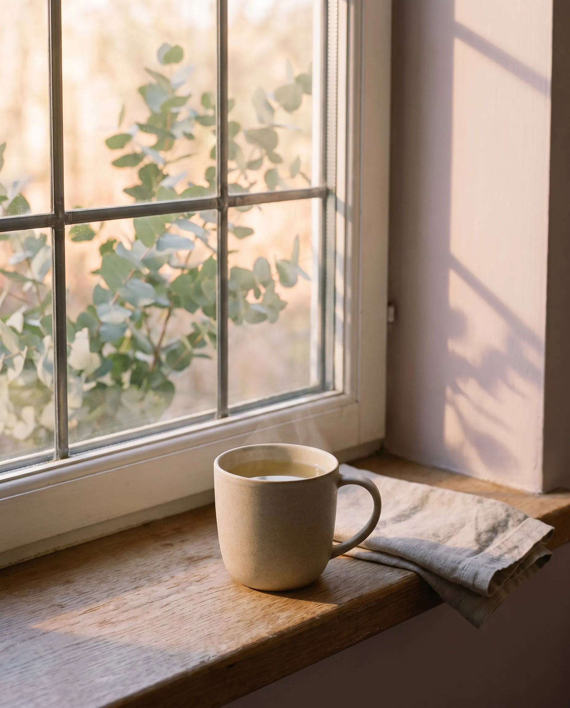 A cup of tea on an oak windowsill in soft morning light, eucalyptus leaves outside.