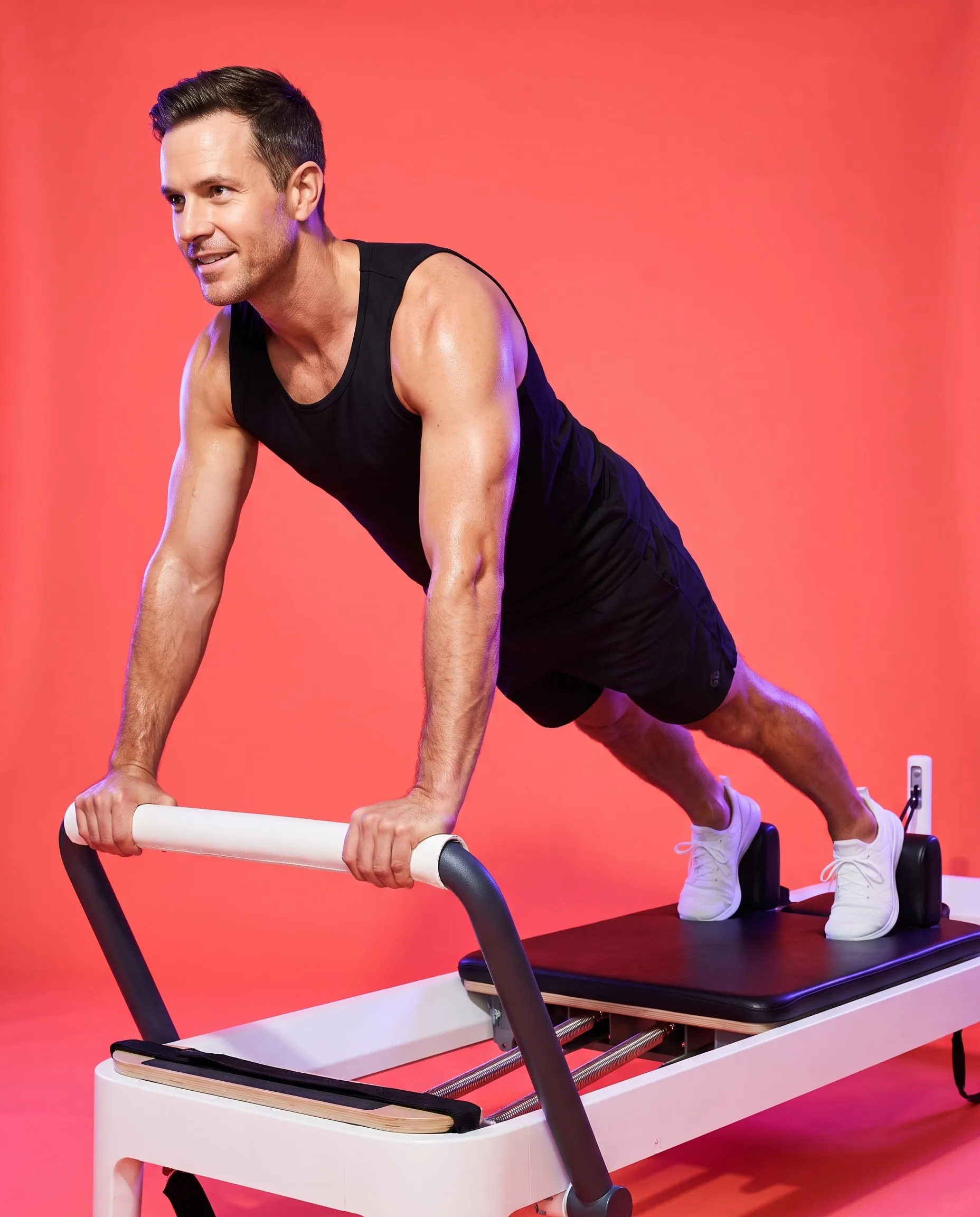 A man holding a plank on a reformer