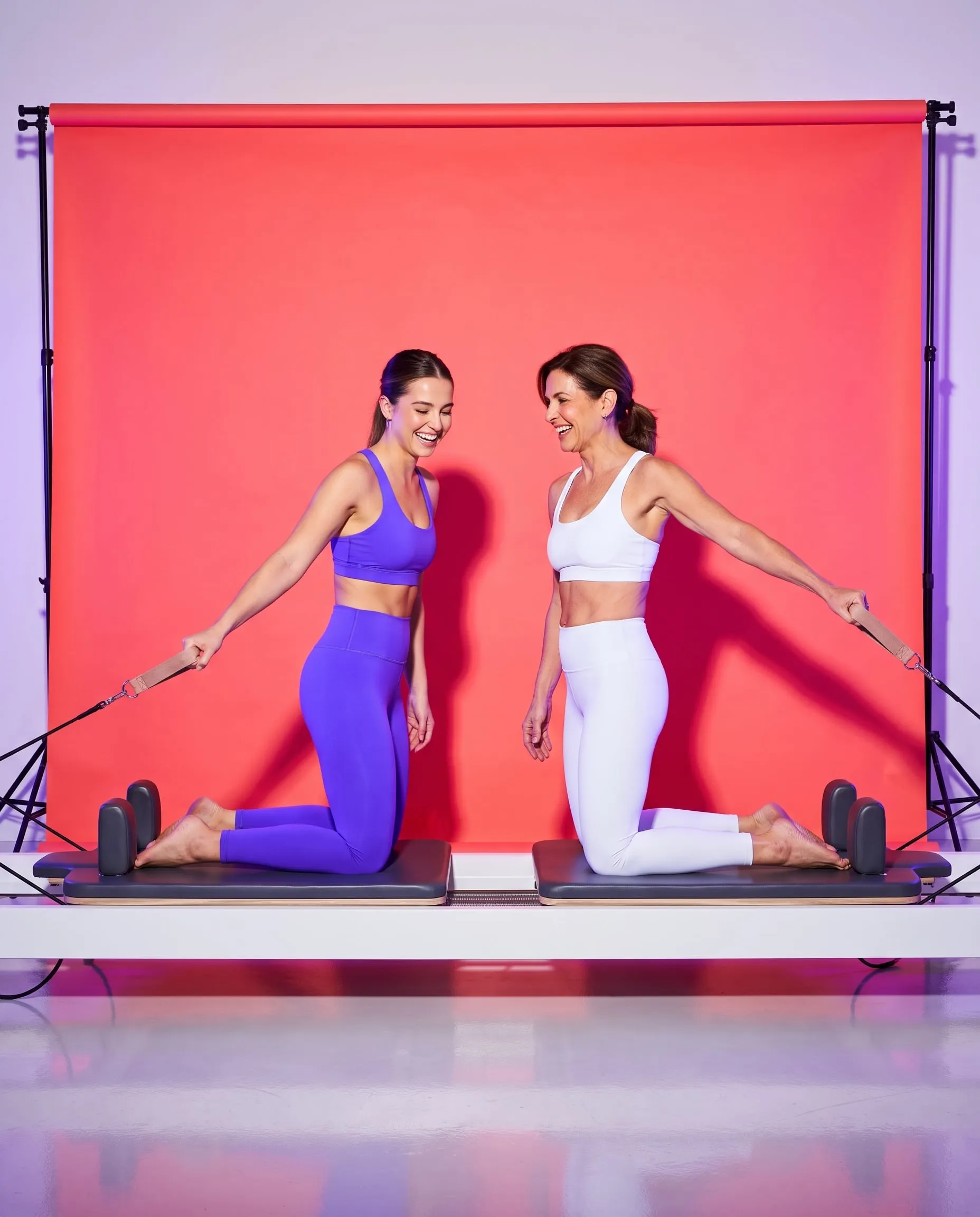 Two women kneel on side-by-side reformers in a mirrored pose on a coral set