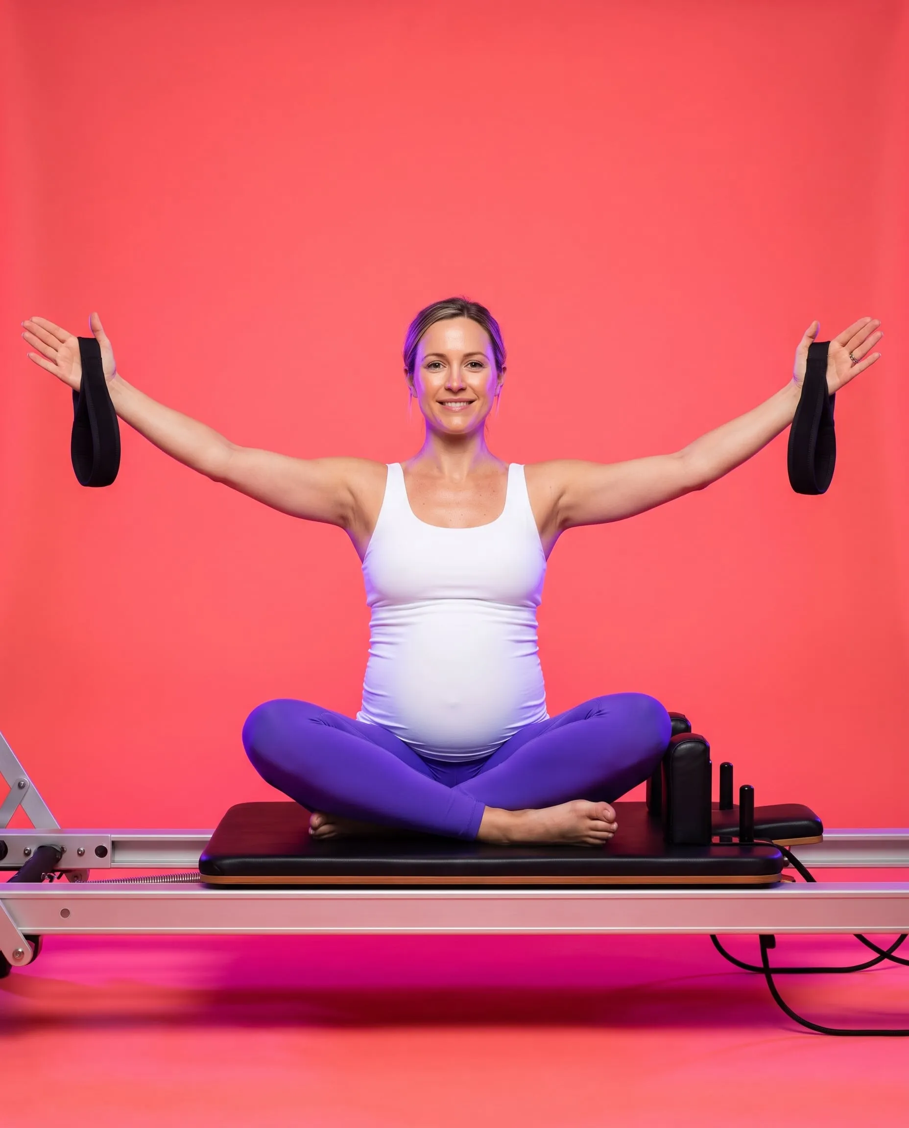 A pregnant woman doing strap work on a reformer