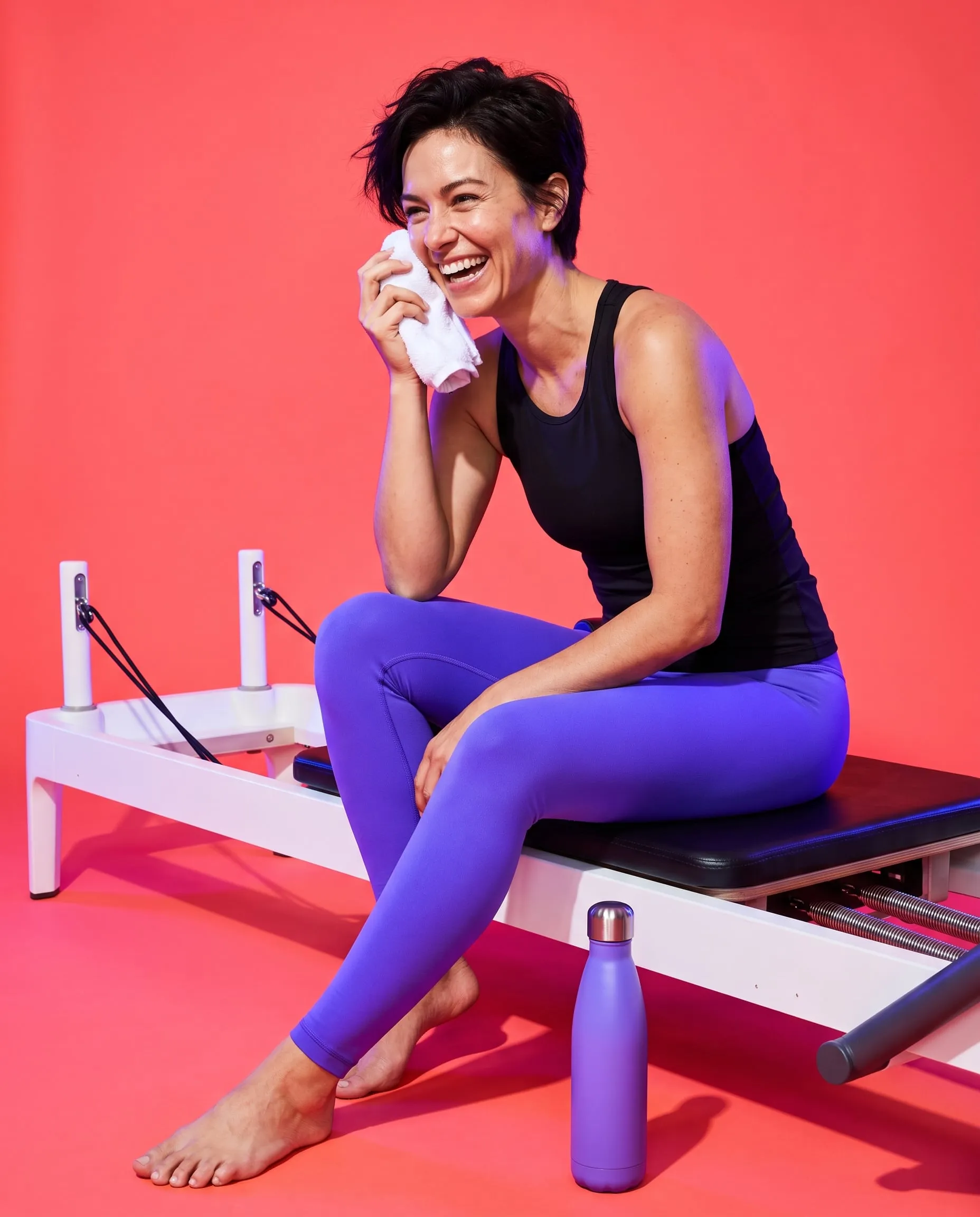 A woman laughing after class, patting her face with a small white towel on a reformer