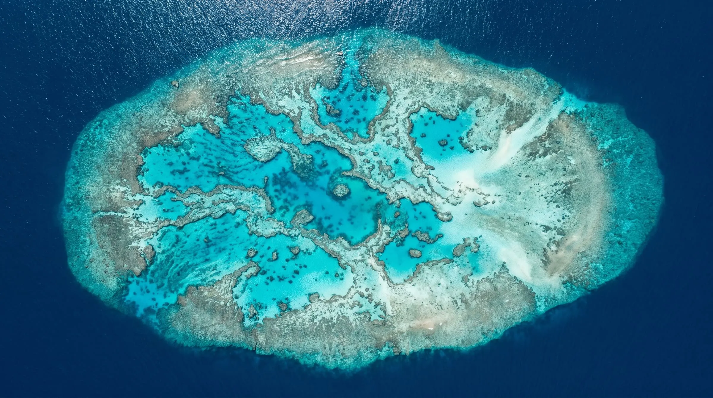 Looking down on a turquoise outer reef platform surrounded by deep blue ocean