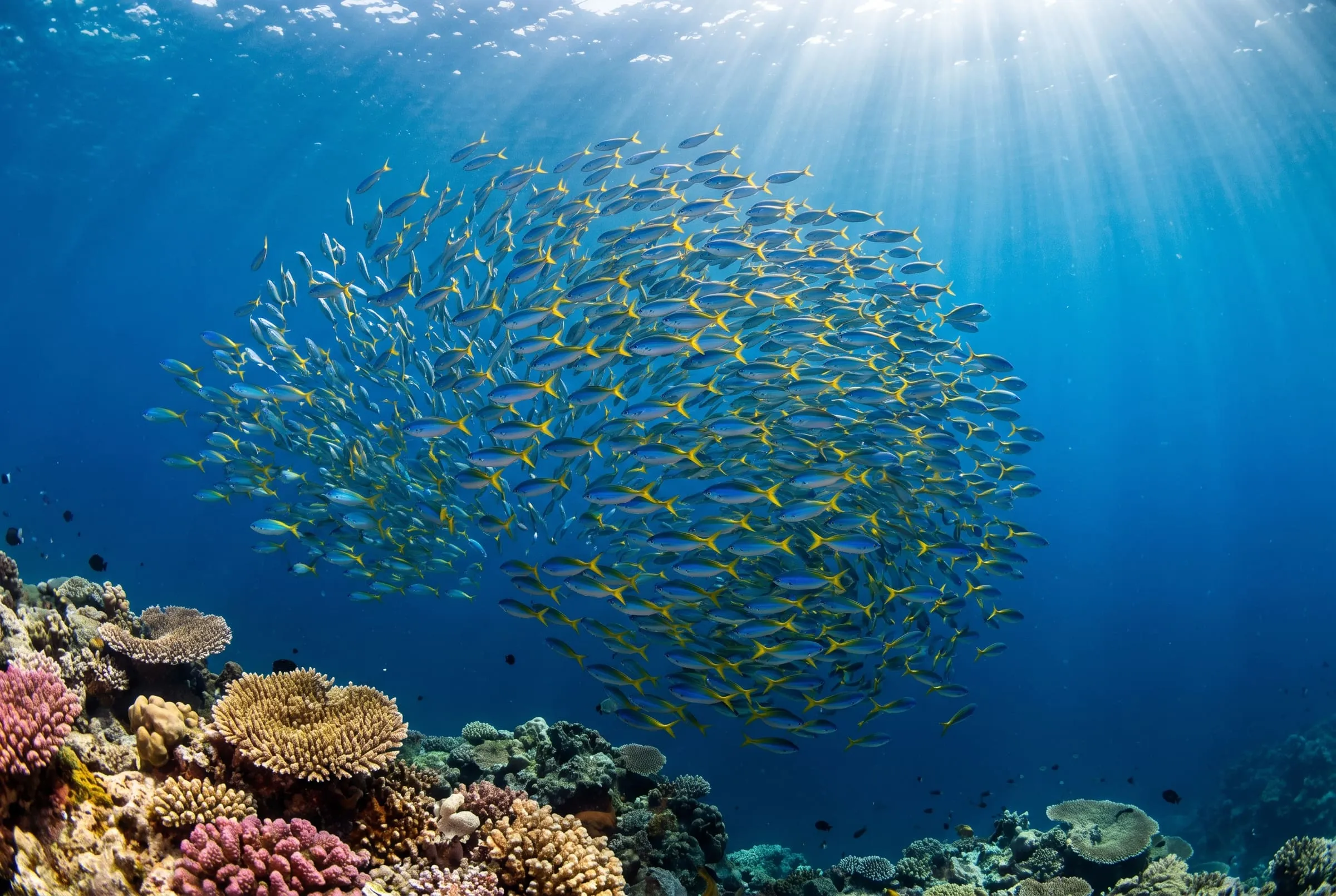 A school of blue and yellow fusiliers near a reef edge