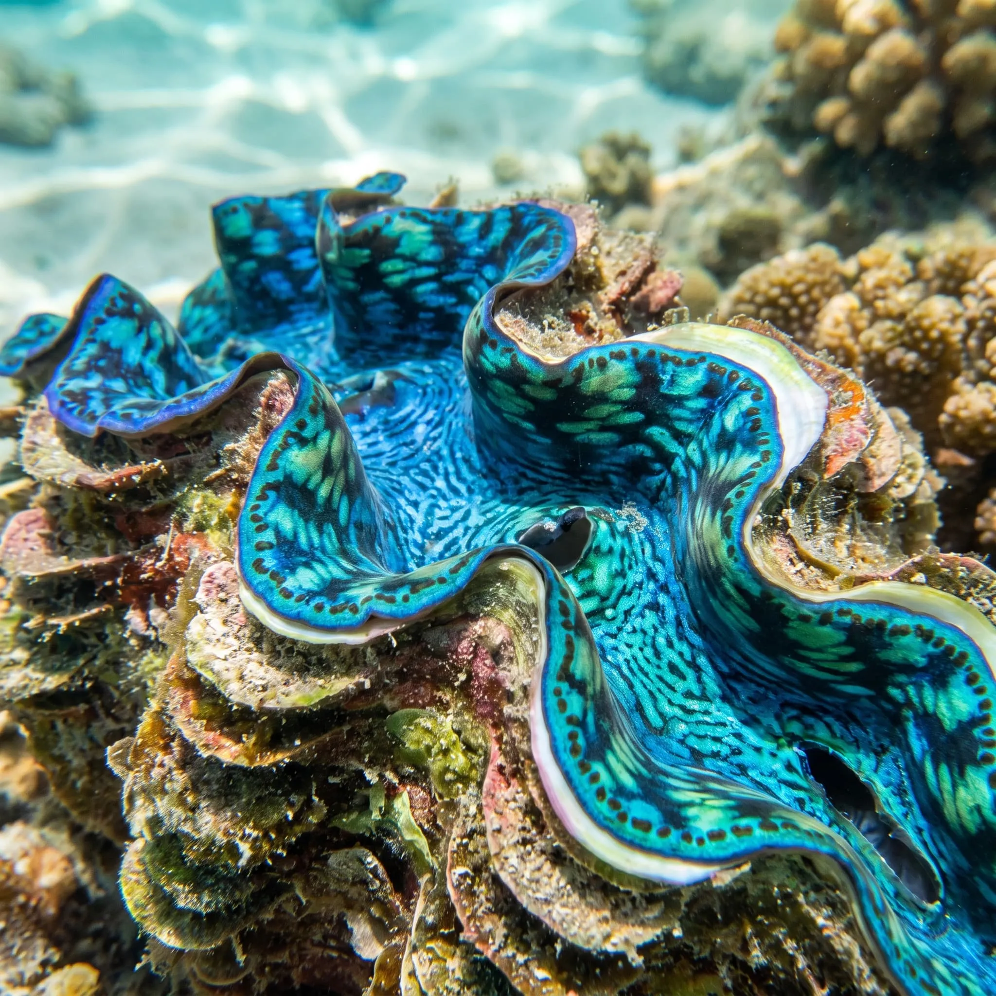 The blue and green mantle of a giant clam