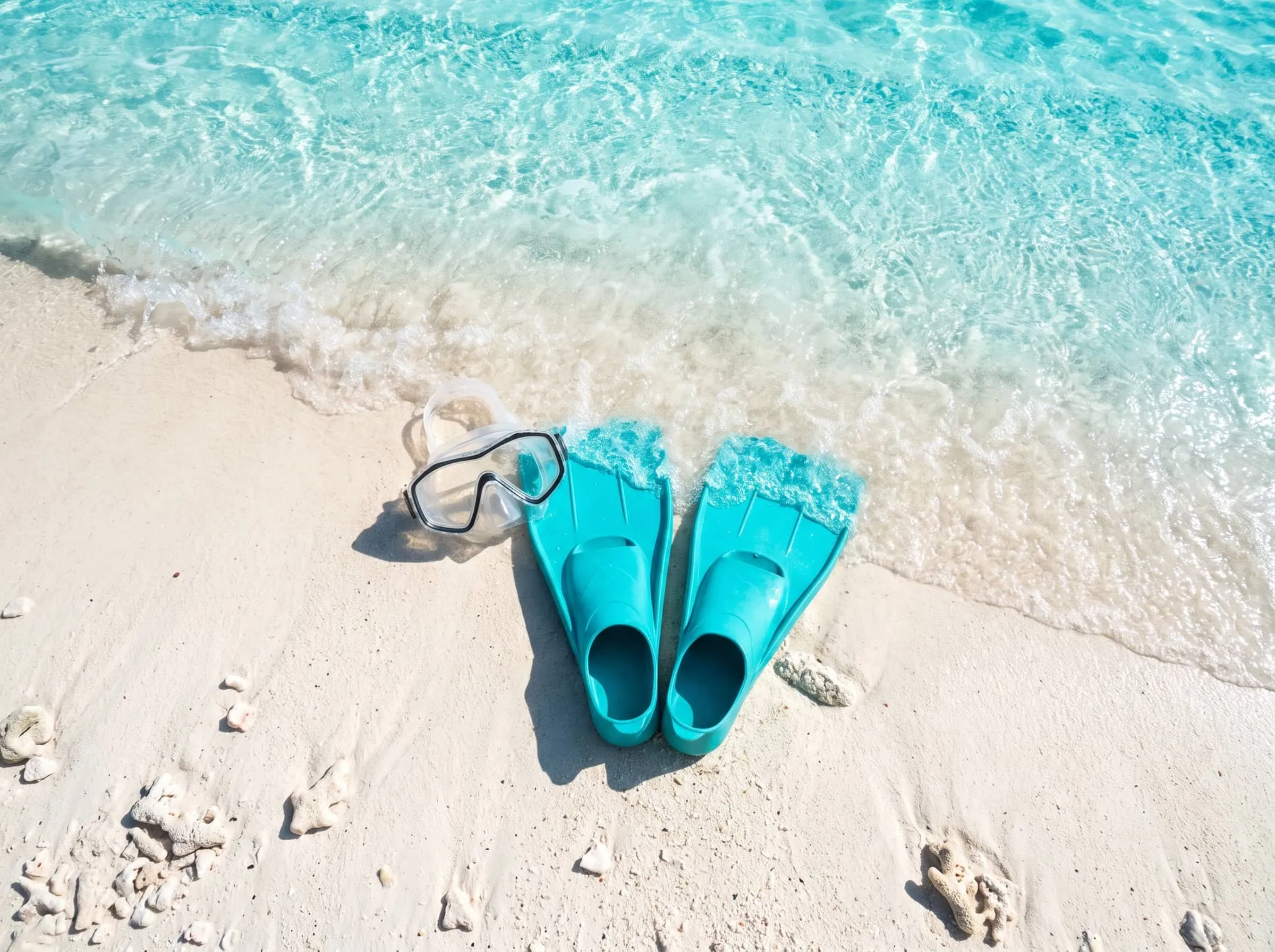 A snorkel mask and turquoise fins on white sand at the water's edge