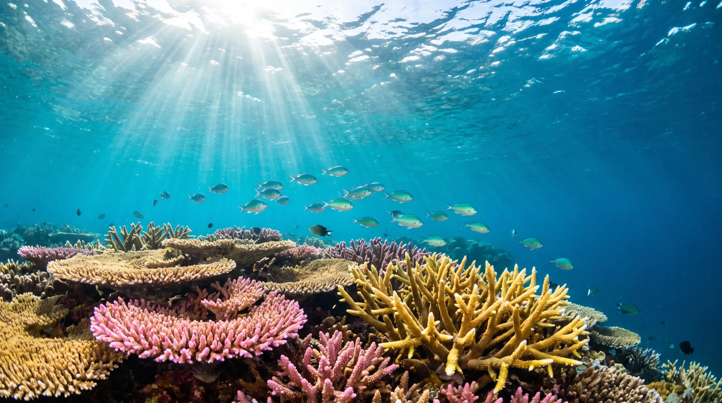 Sunlight falling on a shallow coral garden with small blue-green fish