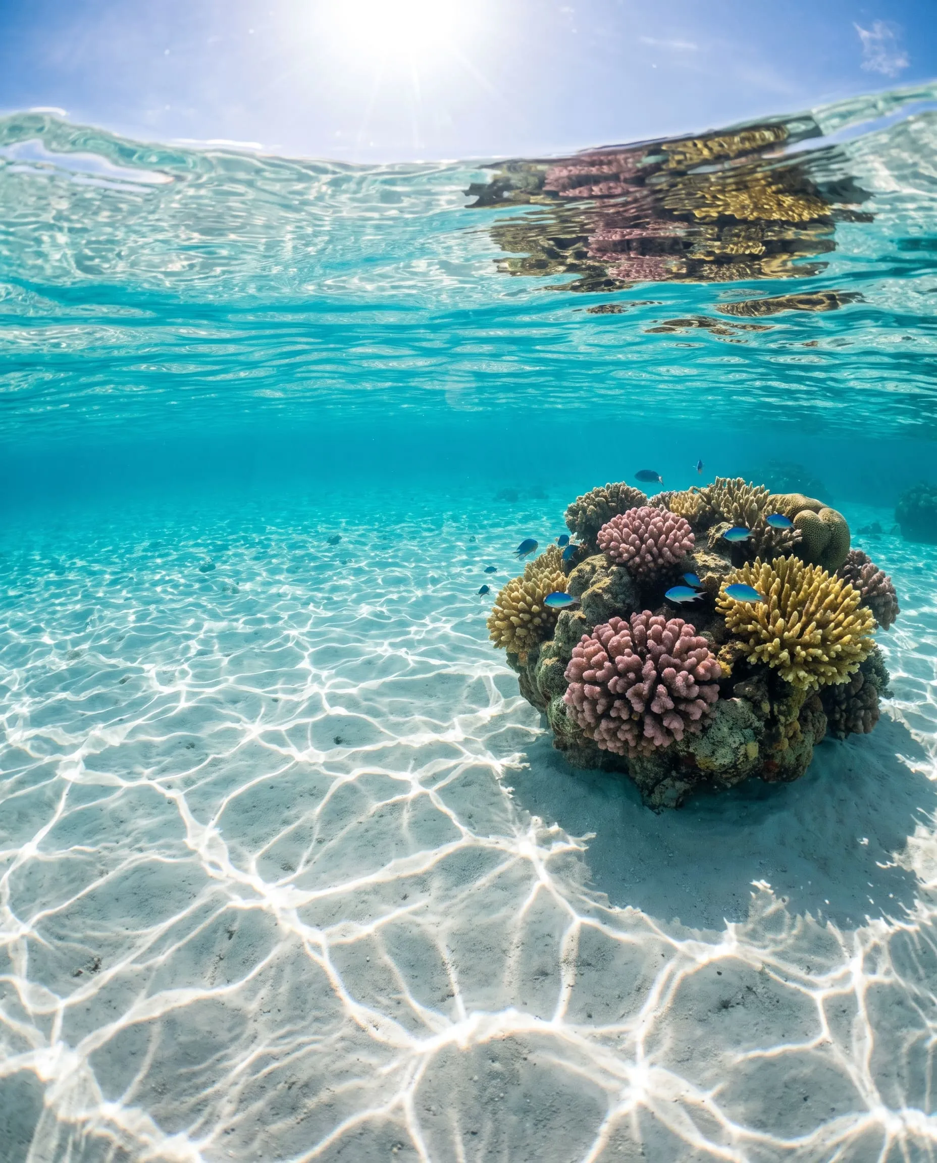 Calm, shallow water over white sand and a small coral bommie