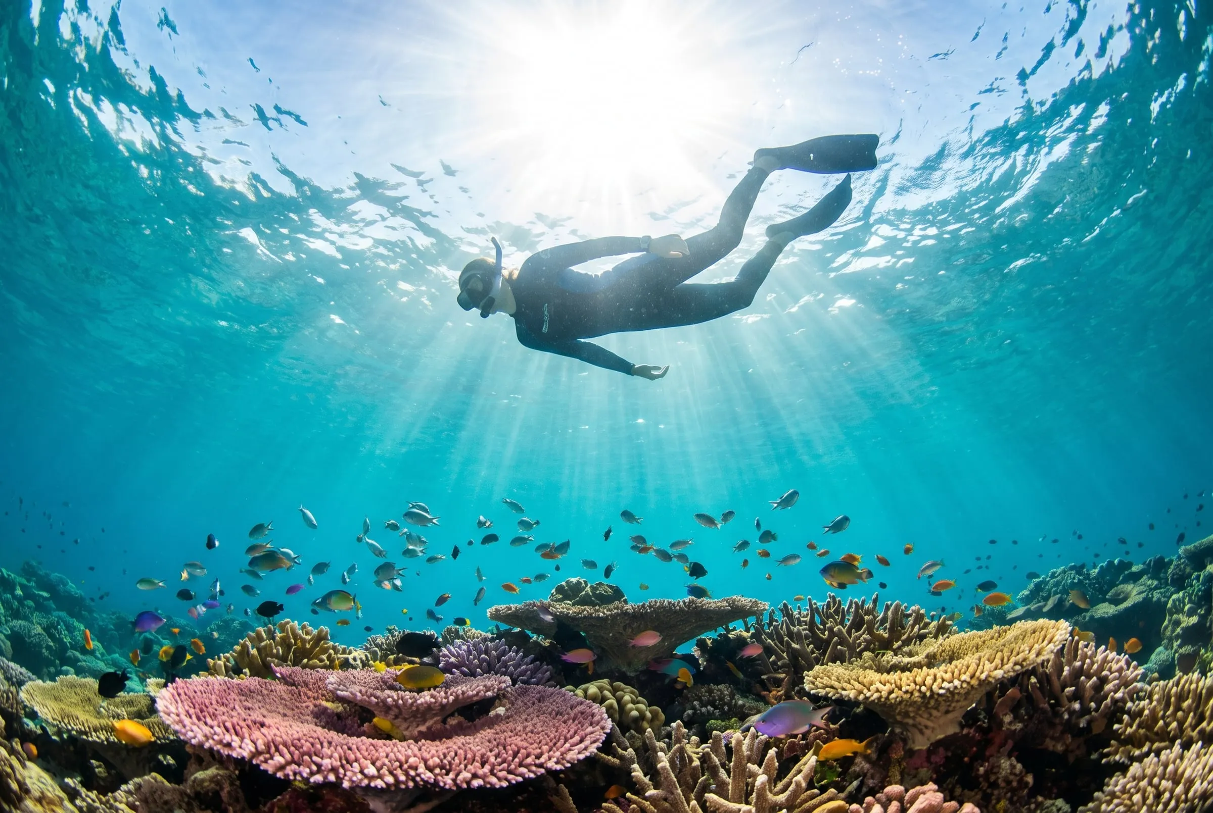 A snorkeller floating at the sunlit surface above a colourful reef
