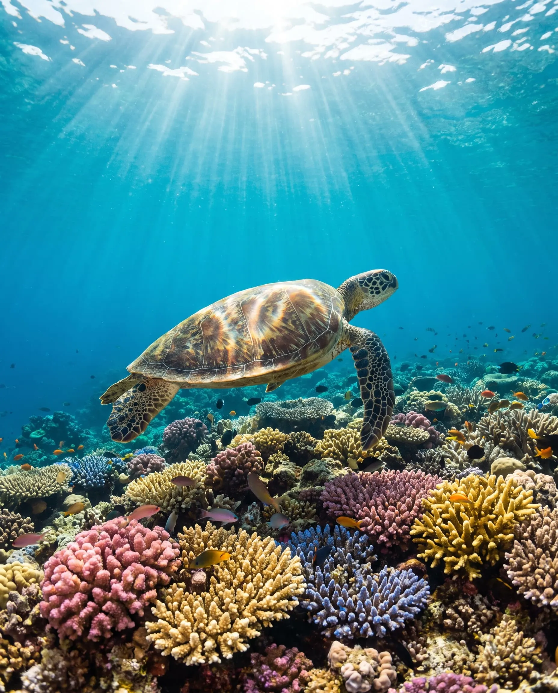 A green sea turtle gliding over colourful coral