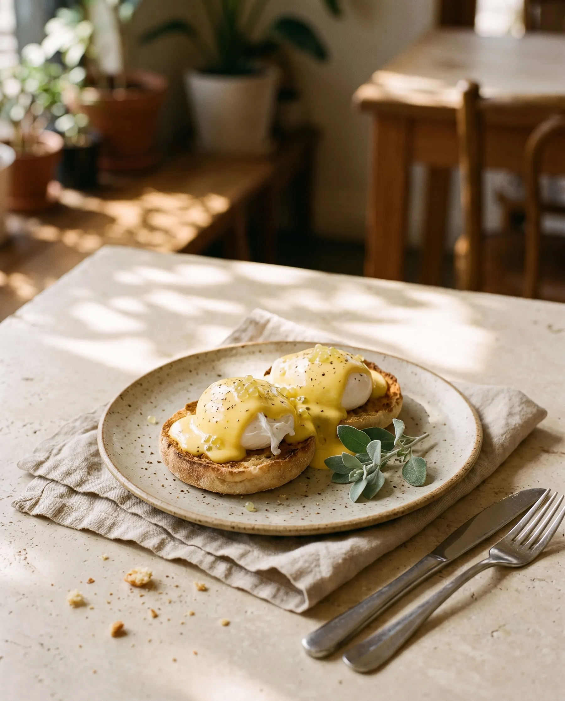 Two poached eggs on a toasted muffin with hollandaise flecked with pale green finger lime pearls, on a speckled stoneware plate