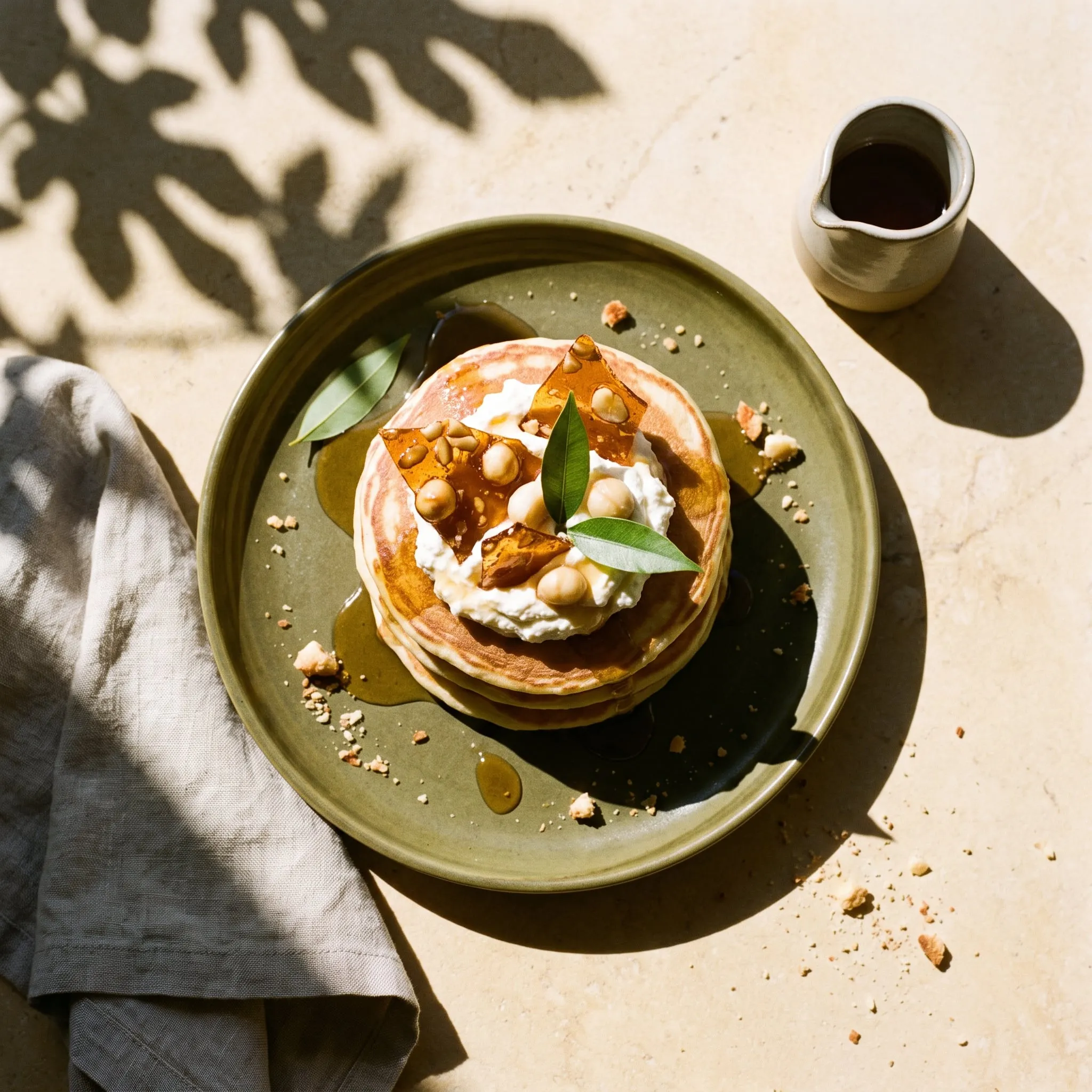 Overhead view of ricotta hotcakes topped with macadamia praline shards and lemon myrtle leaves on an olive green plate