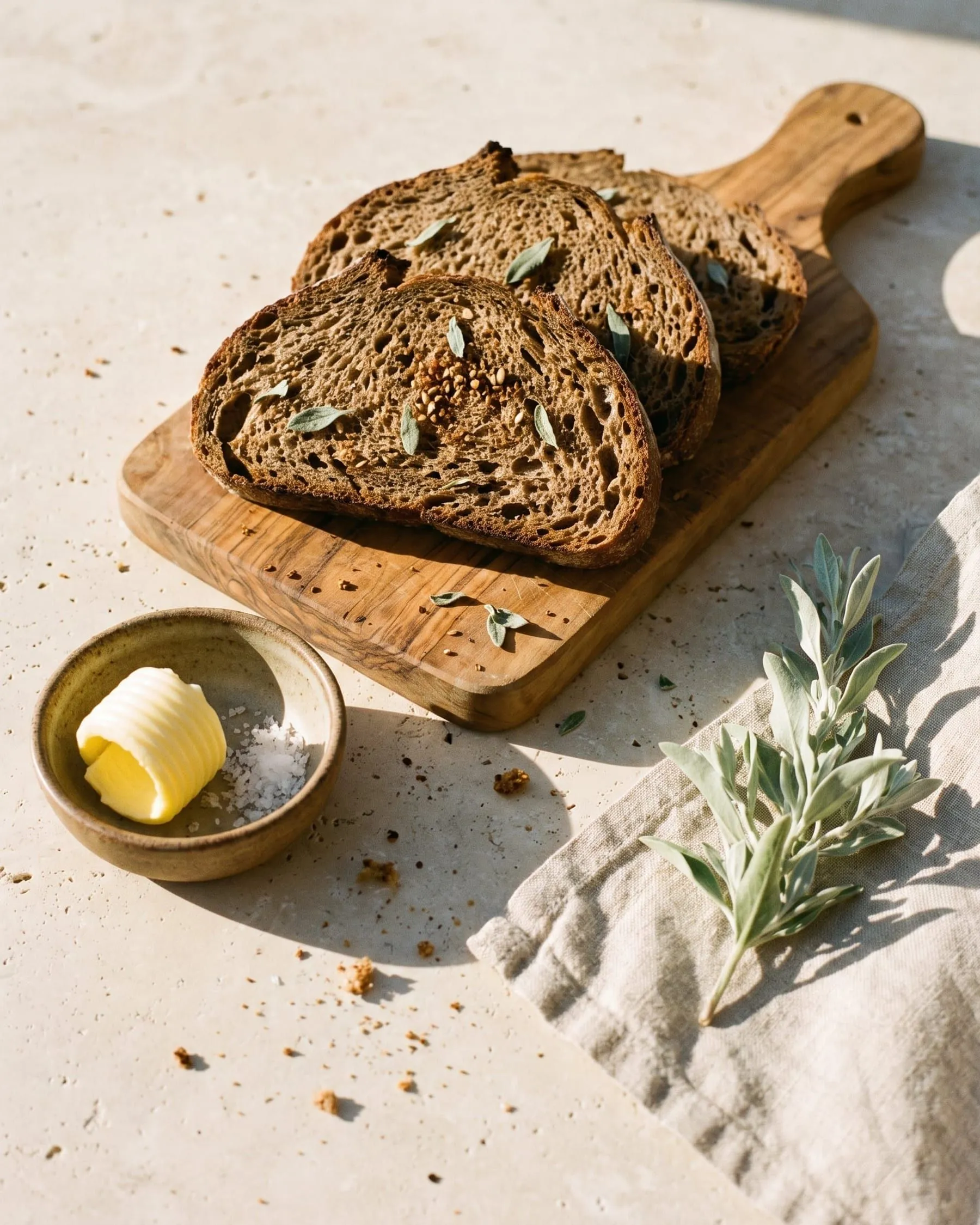 Slices of dark sourdough flecked with saltbush leaves on an olive wood board, with a curl of butter and a saltbush sprig