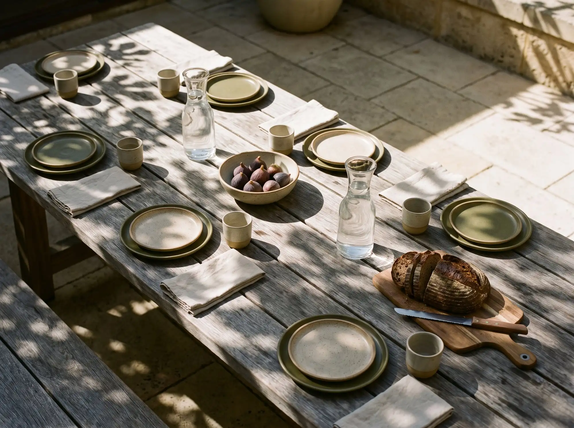 A long weathered timber table in a limestone courtyard set with stoneware plates, carafes, figs and sourdough in dappled sun