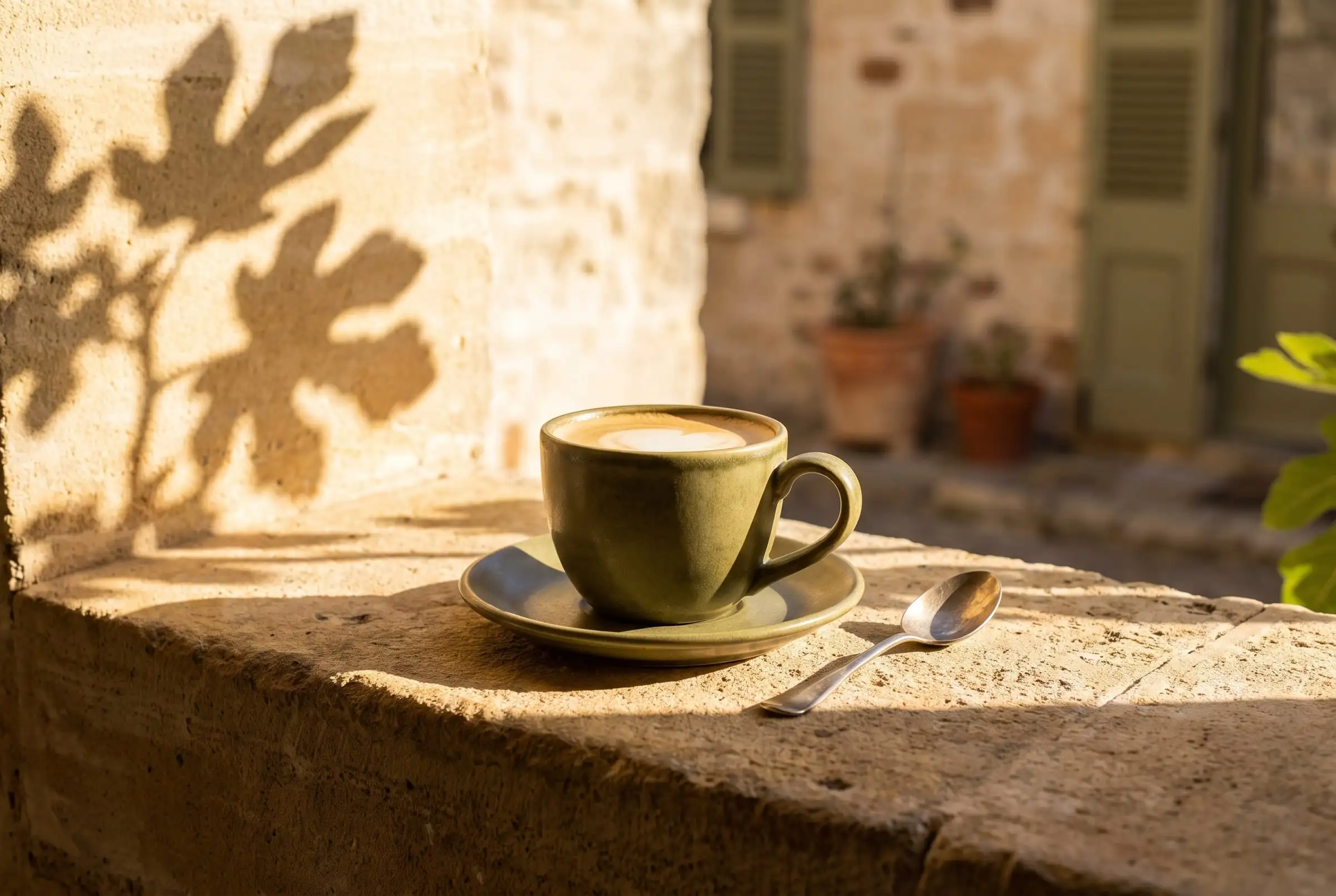 A flat white in an olive stoneware cup on a sunlit limestone ledge, with fig leaf shadows on the wall behind