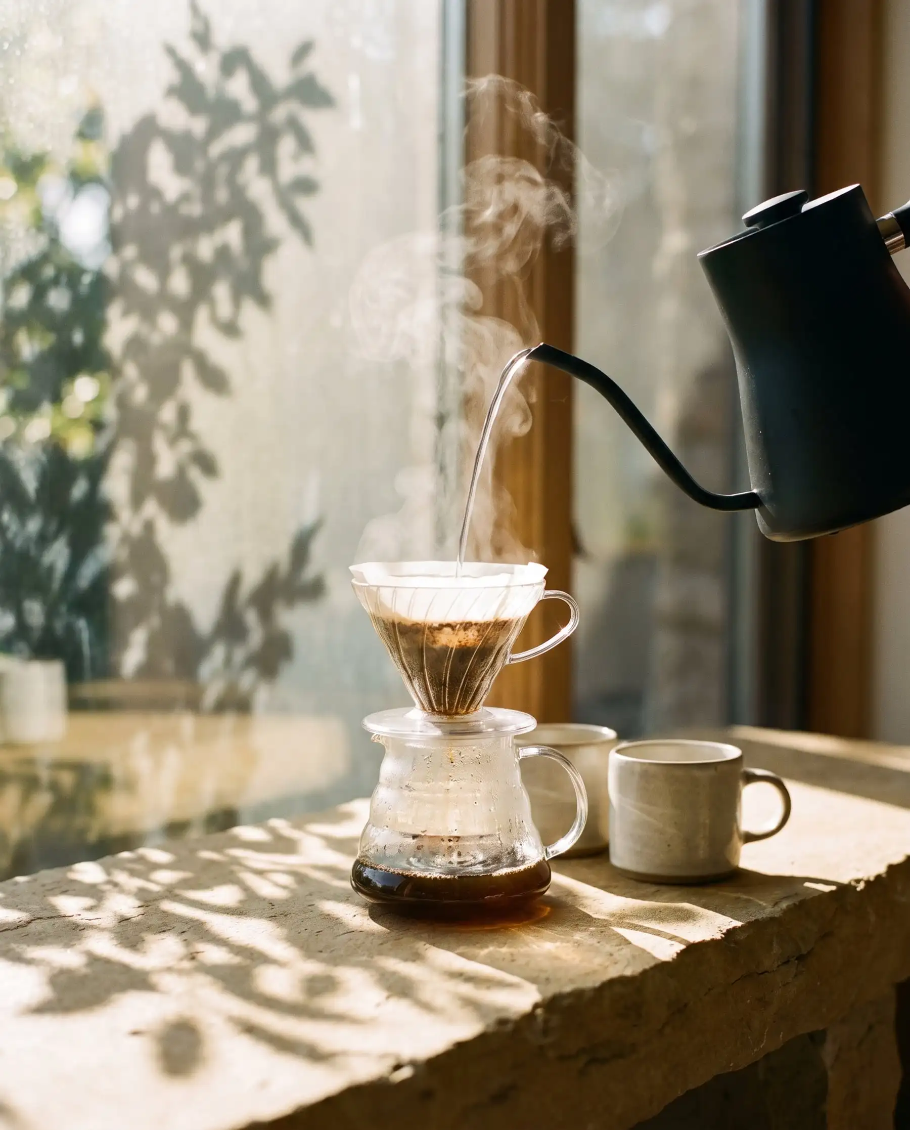 Hot water poured from a black gooseneck kettle into a glass pour-over dripper on a sunlit limestone bench, steam rising