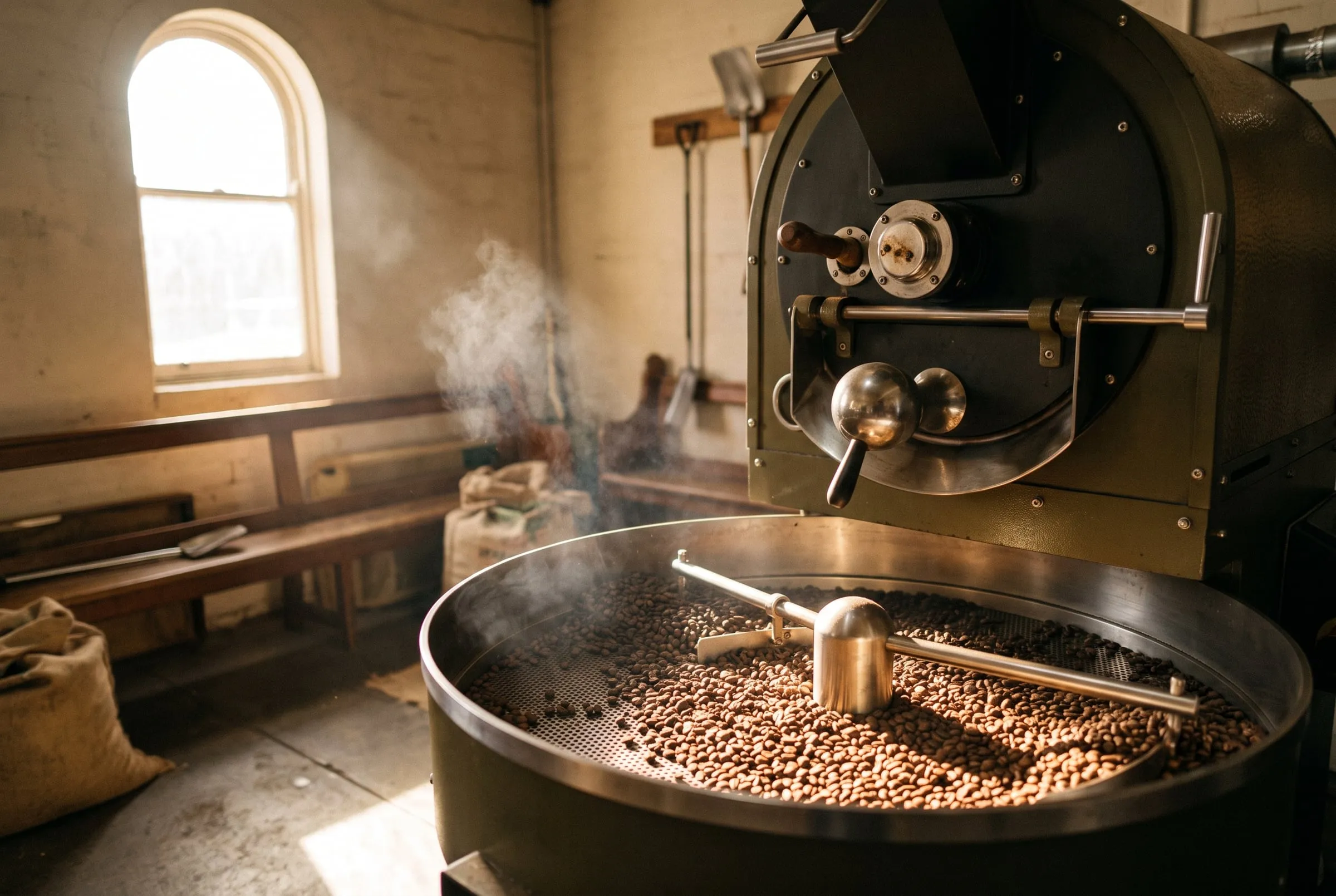 Freshly roasted coffee beans turning in the steel cooling tray of a small drum roaster, steam rising in window light