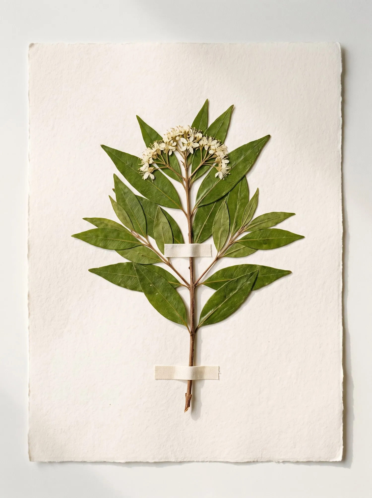 A pressed lemon myrtle sprig with long glossy leaves and small cream flowers on handmade paper