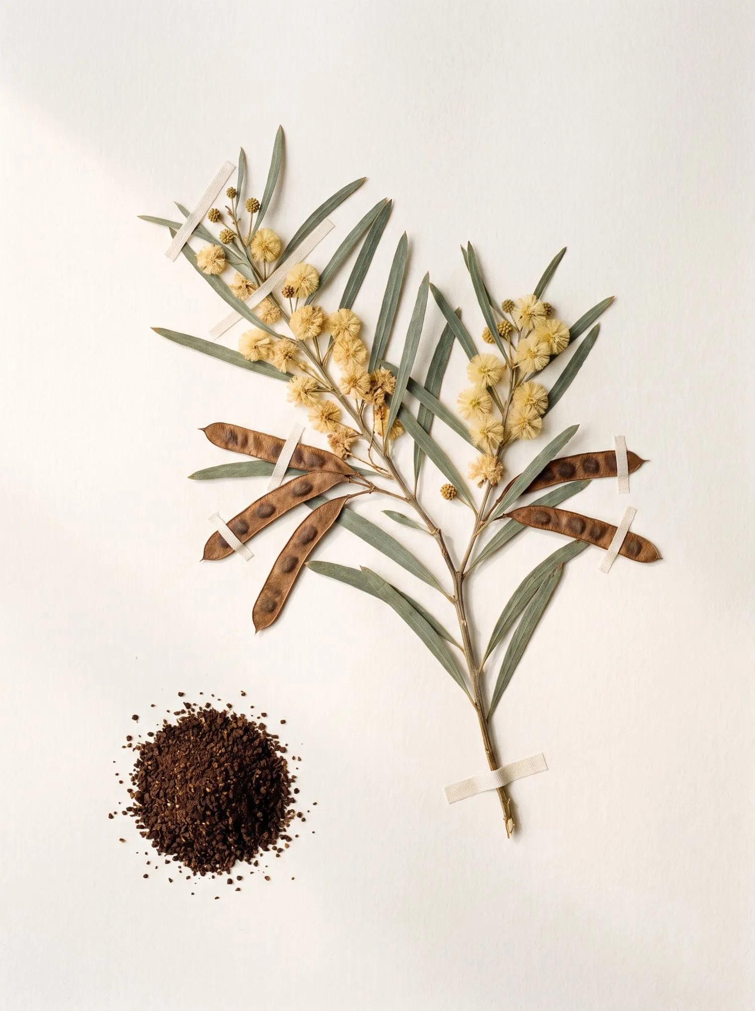 A pressed wattle sprig with seed pods beside a small pile of roasted ground wattleseed on cotton paper