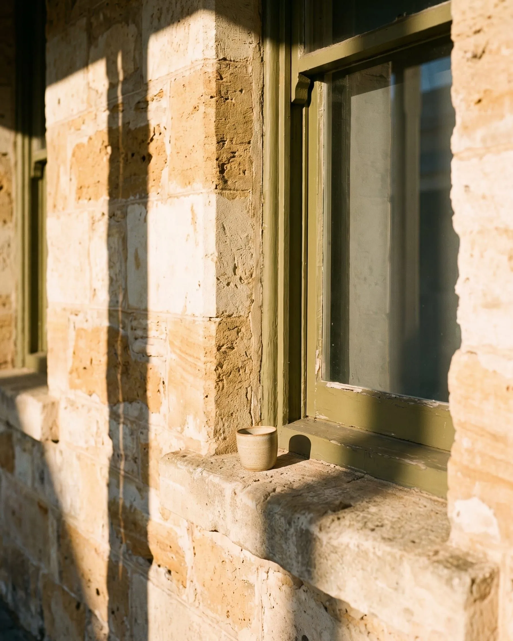 Honey-coloured limestone wall in raking sunlight beside an olive painted window, a small stoneware cup on the sill