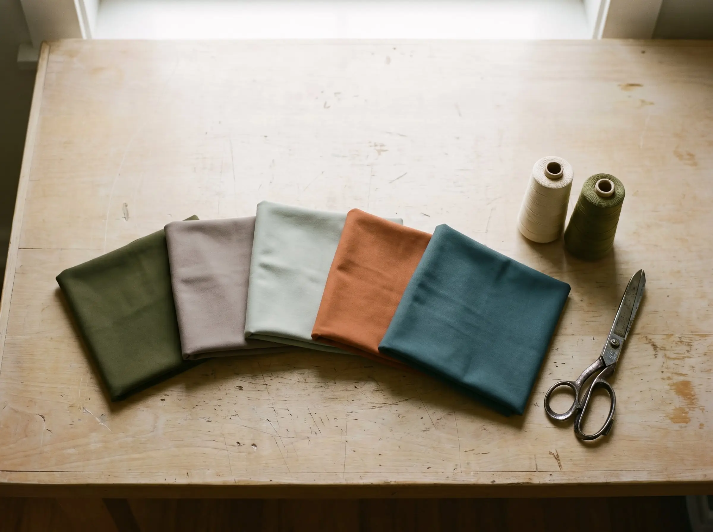 Folded squares of swim fabric in Kelp, Driftwood, Saltbush, Ochre and Tidepool on a worn timber table