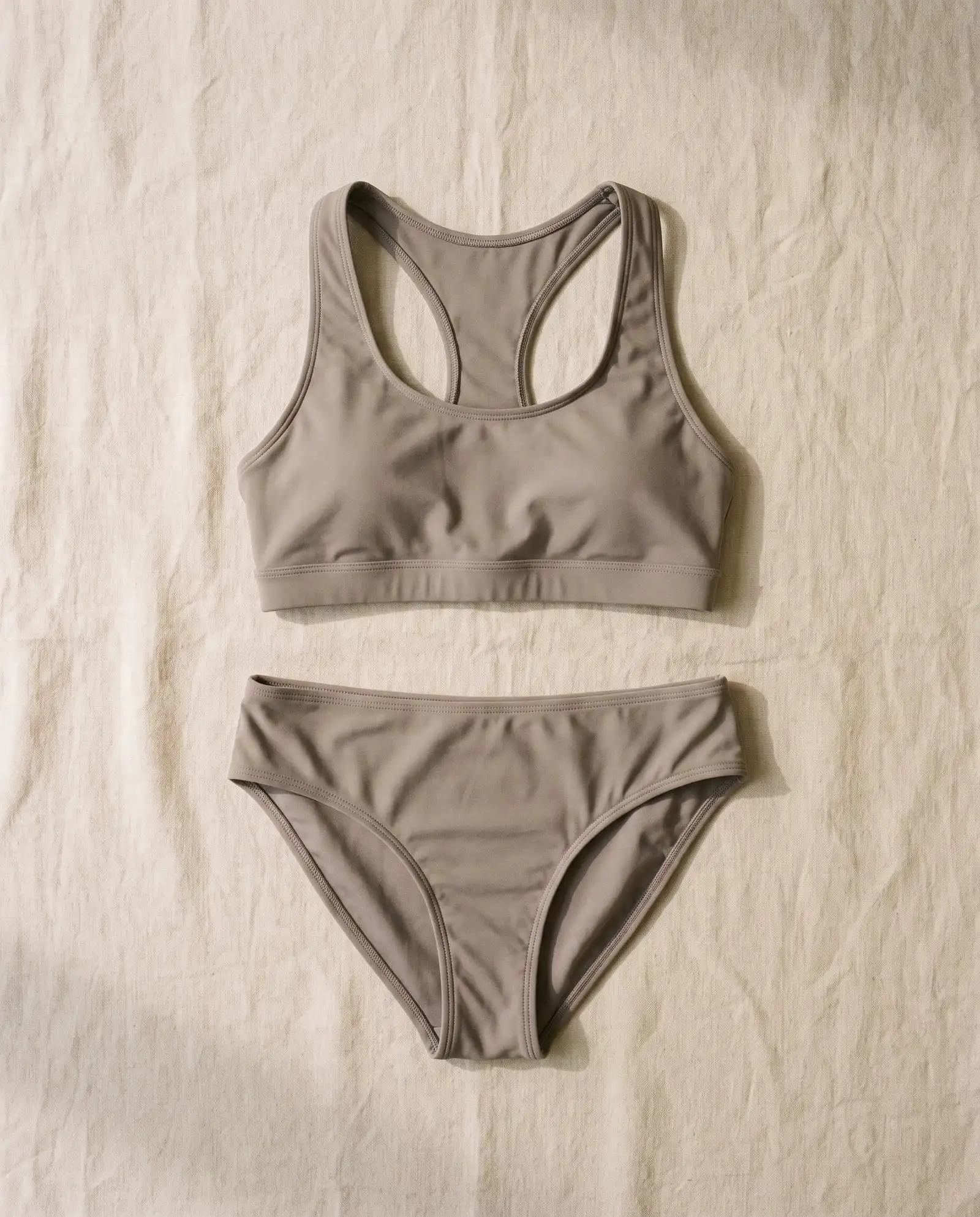 Headland crop bikini set in Driftwood, laid flat on sand-coloured linen