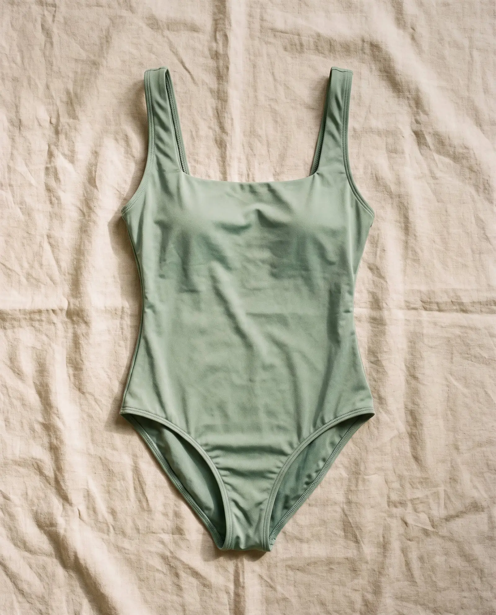 Wategos square neck one-piece in Saltbush, laid flat on sand-coloured linen