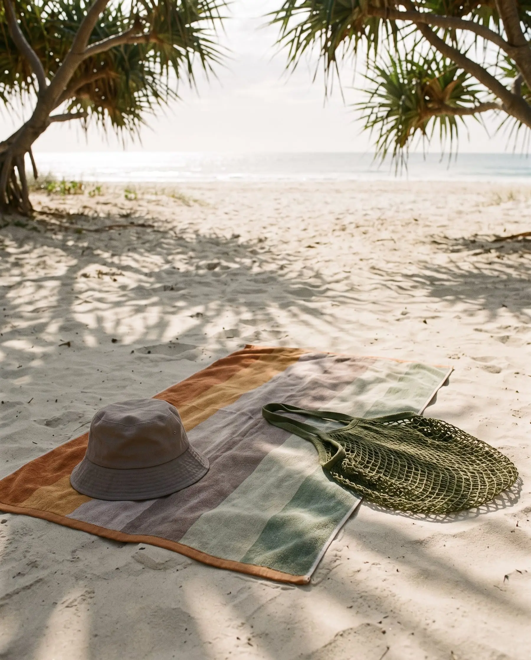A striped towel, a Driftwood bucket hat and a Kelp mesh tote on the sand under pandanus shade