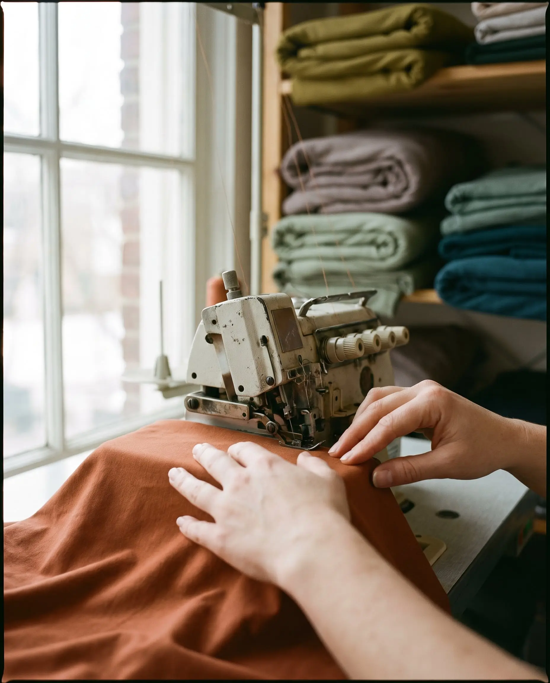 Hands guiding Ochre swim fabric through an overlocker, with folded fabric in the other colourways on shelves behind