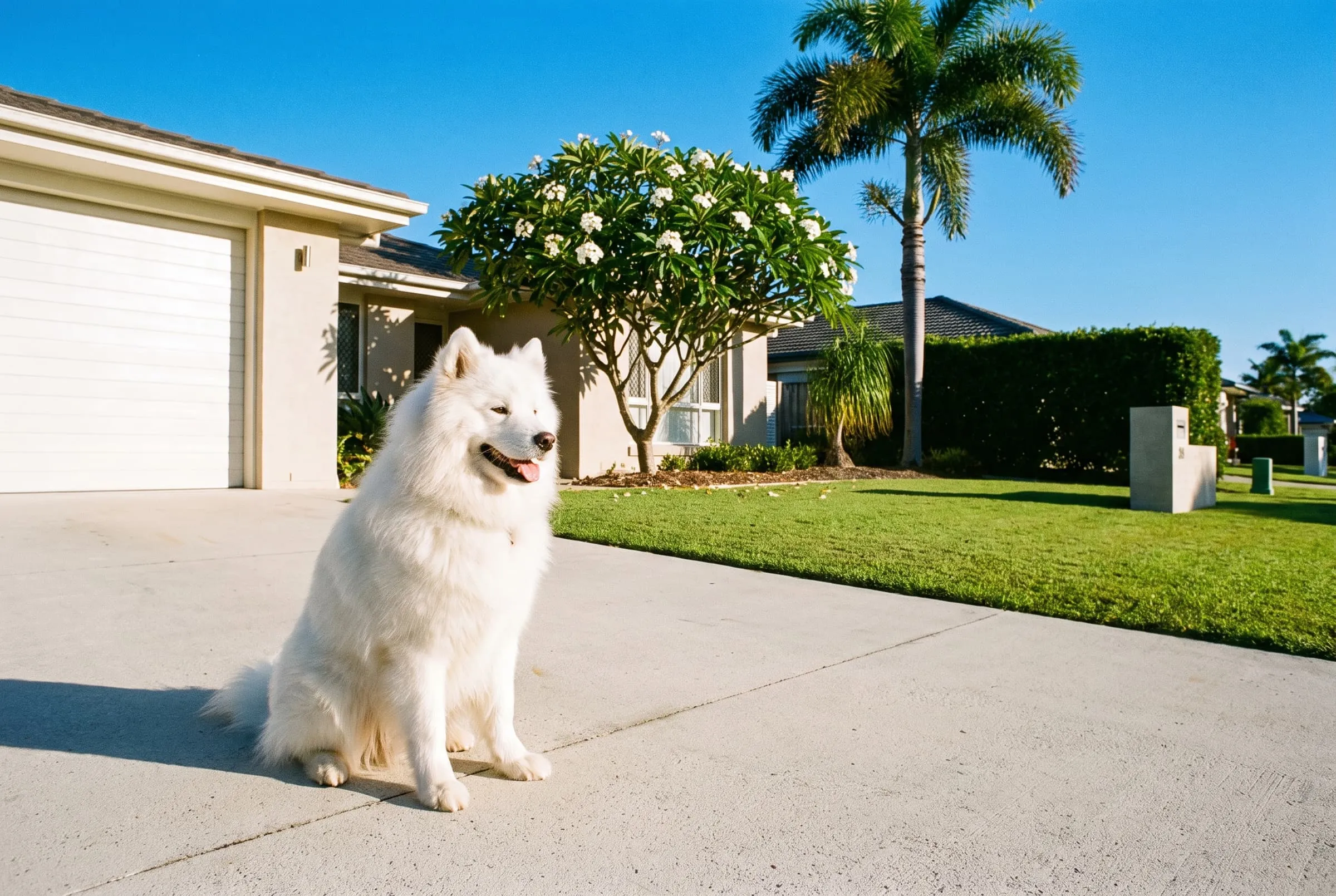 A fluffy Samoyed waiting on a sunny Gold Coast driveway